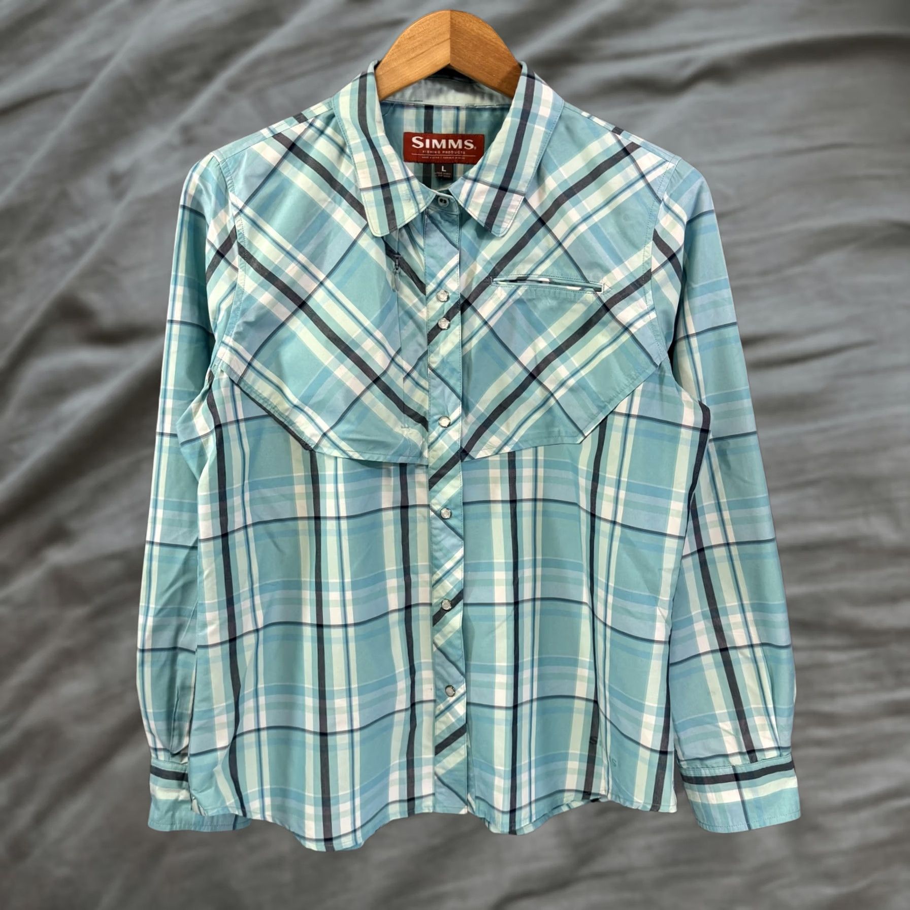 Vintage VINTAGE? No — Simms Shirt Women L Blue Plaid Long Sleeve Fishing Outdoor Performance Nylon Size L / US 10 / IT 46 - 1 Thumbnail