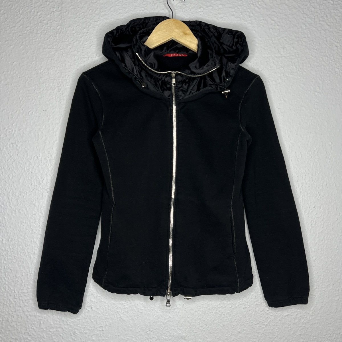 image of Designer Prada Hoodie Zip Up Black Nylon Hood Logo Sweatshirt, Women's (Size XS)