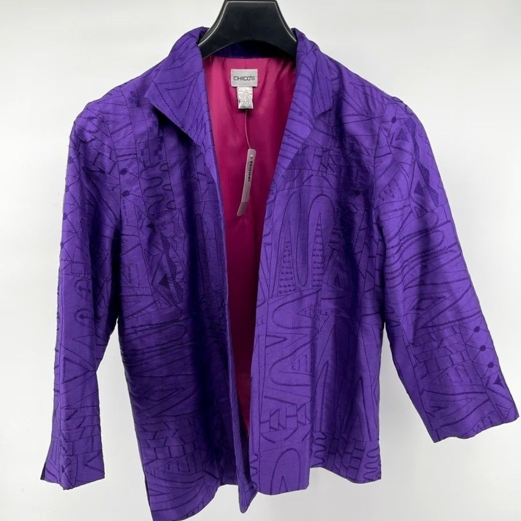 Vintage Chicos Silk Jacket Mens 2 Medium Purple Embroidered Lined Size M / US 6-8 / IT 42-44 - 3 Thumbnail