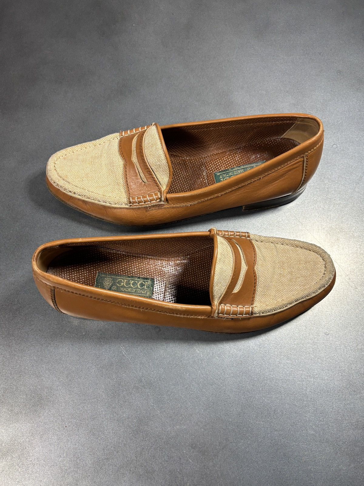 Vintage Gucci Horsebit Loafers Leather Twill 70s 80s TwoTone