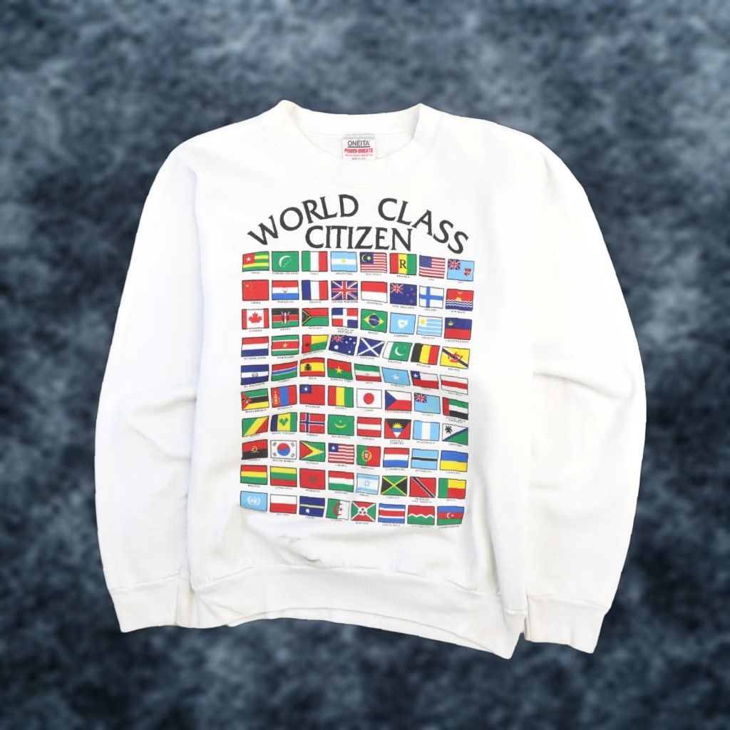 Vintage Oneita Crewneck Sweatshirt Men XL White Country Flags 90s All Seasons