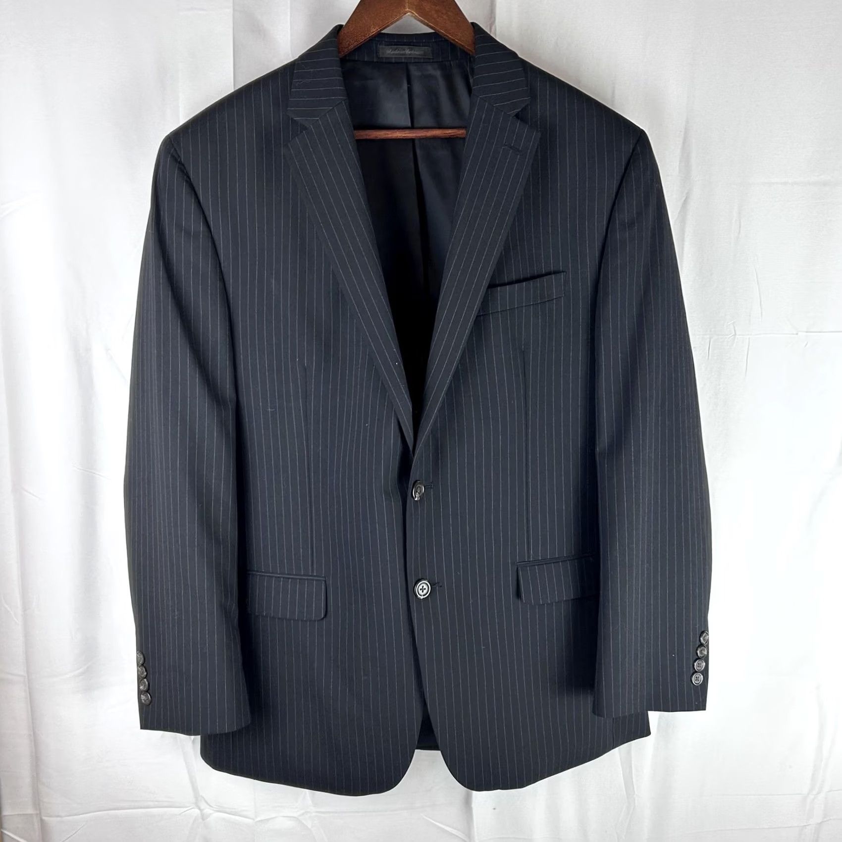 Chaps VINTAGE CHAPS Blazer Mens 42R Black Pinstripe 2 Button Notch Lapel Wool Blend Jacket Size 42R - 2 Thumbnail