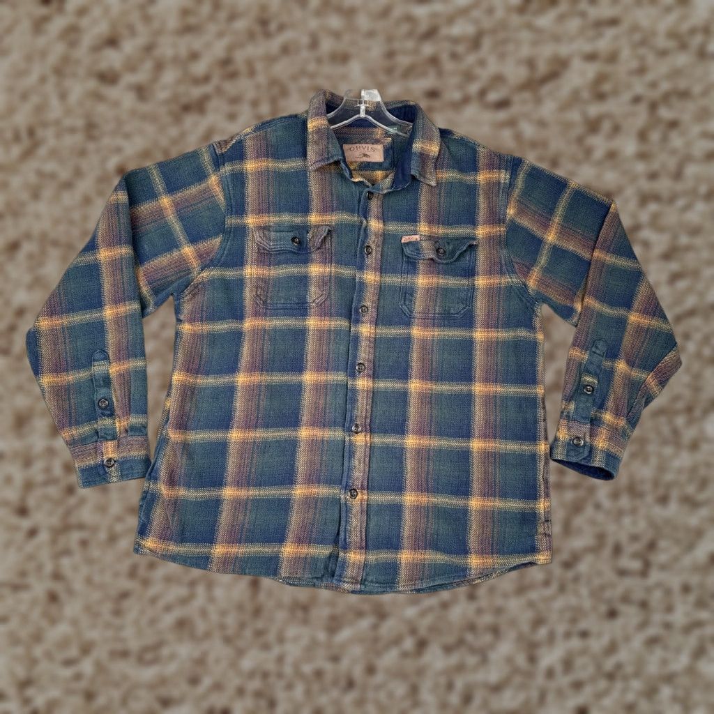 Orvis VINTAGE Orvis Shirt Men Extra Large Blue Green Beige Flannel Button-Up Cotton Plaid Workwear Casual Shirts MMens Size US XL / EU 56 / 4 - 1 Thumbnail