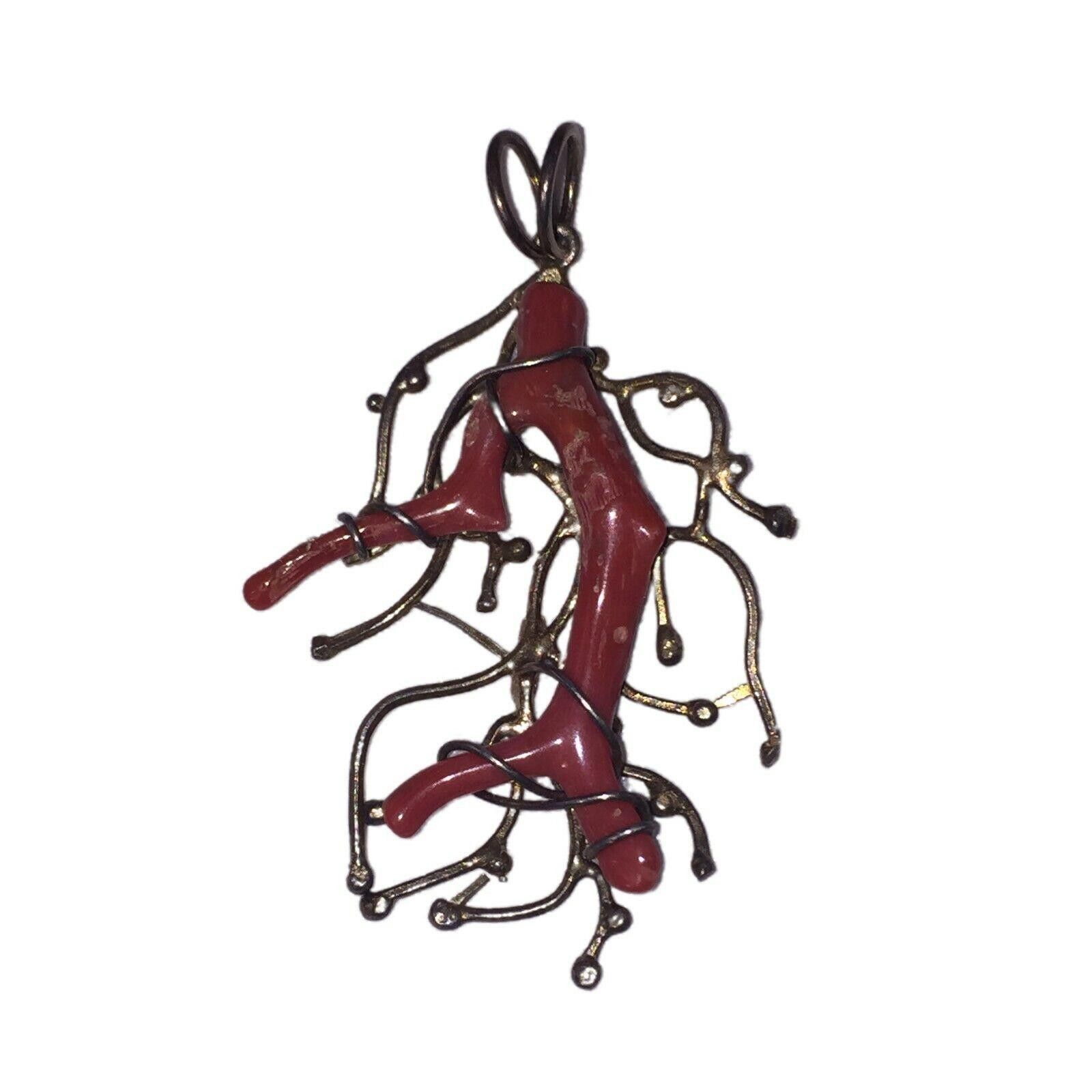 Handmade Abstract Sterling Silver Sardinian Branch Red Coral Pendant Size ONE SIZE - 1 Thumbnail