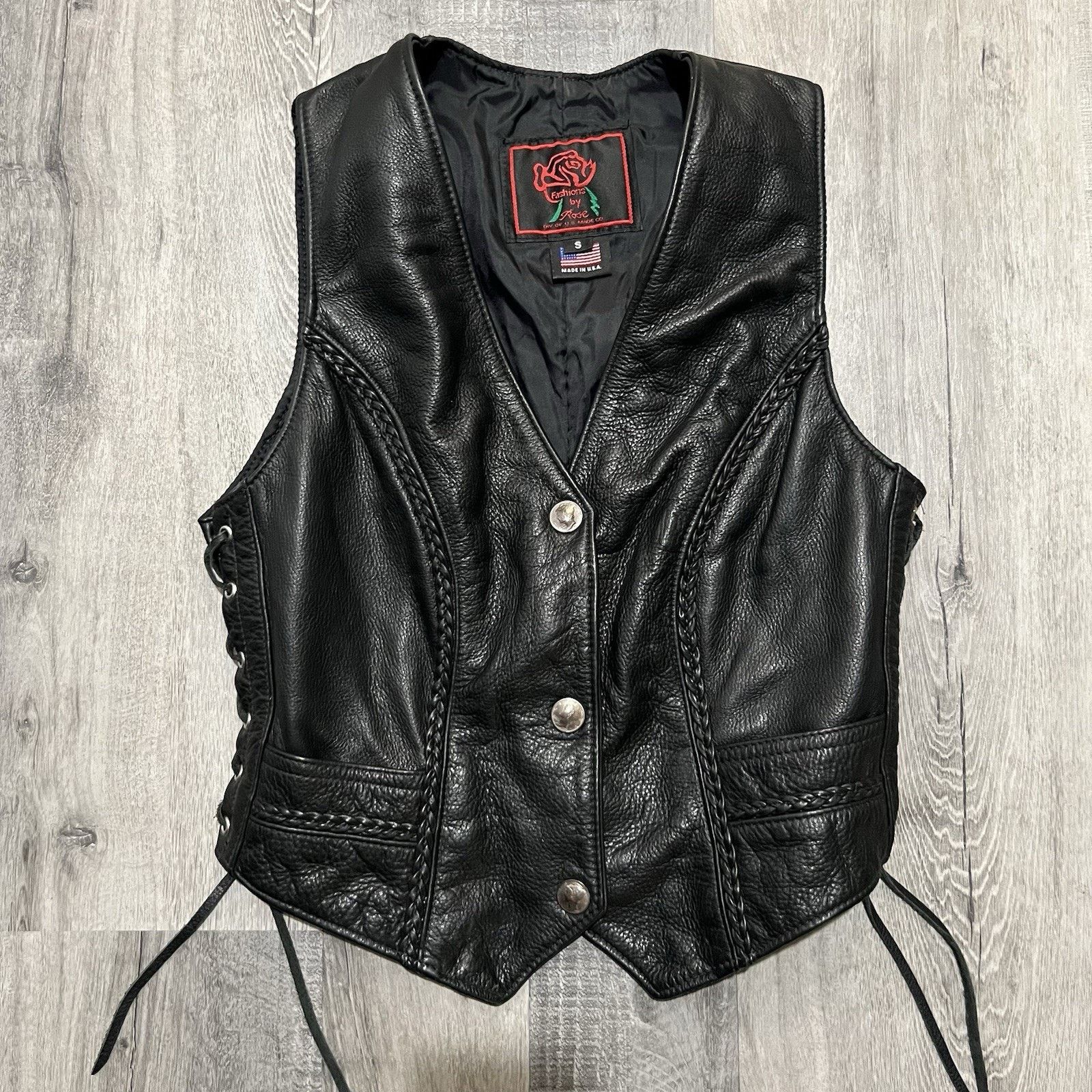Vintage Fashions By Rose Black Leather Biker Vest Side Laces USA Size S / US 4 / IT 40 - 1 Thumbnail