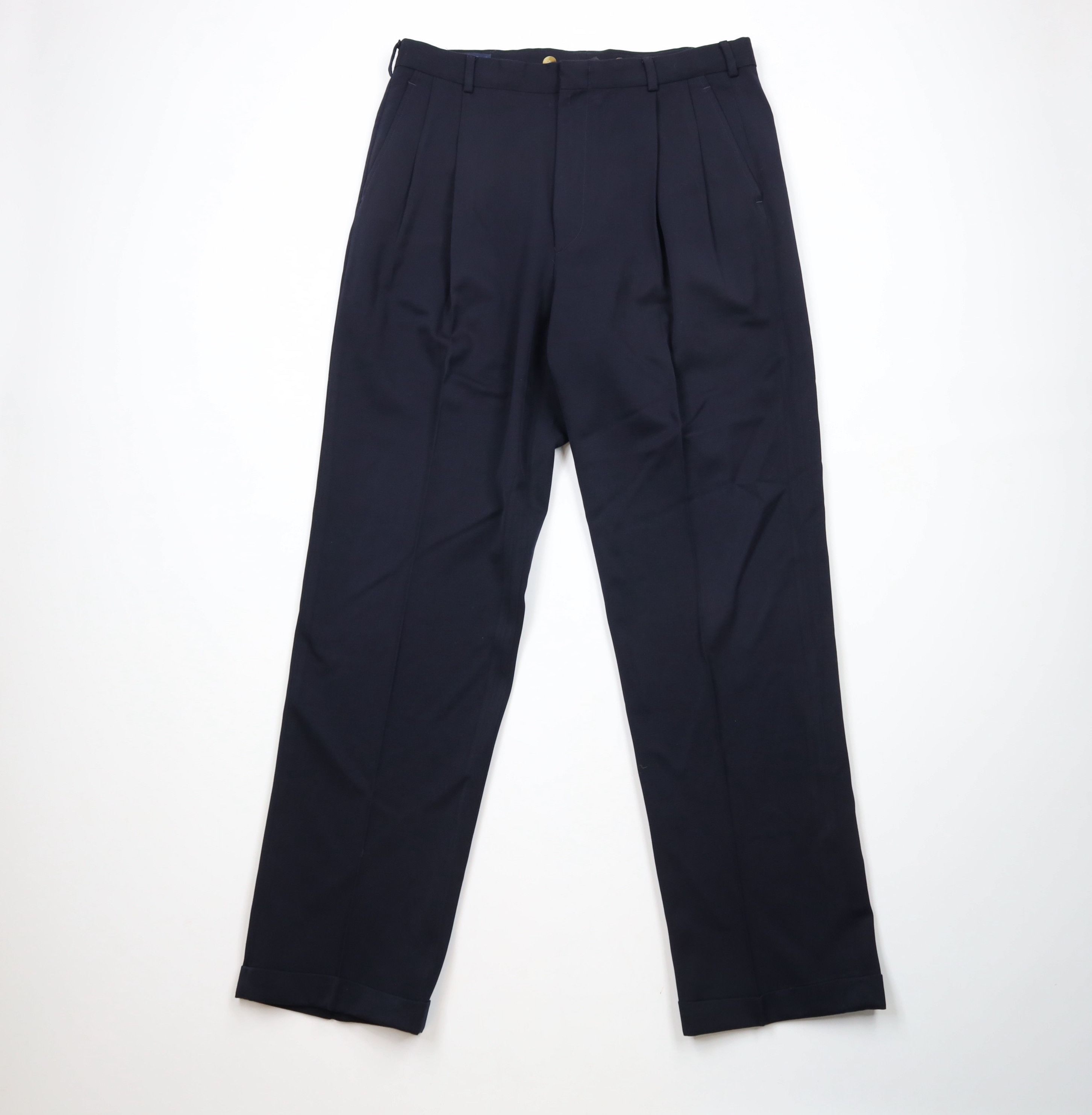 Lands' End × Vintage Vintage 90s Lands End Cuffed Wool Chino Pants Navy Blue USA Size US 36 / EU 52 - 1 Thumbnail