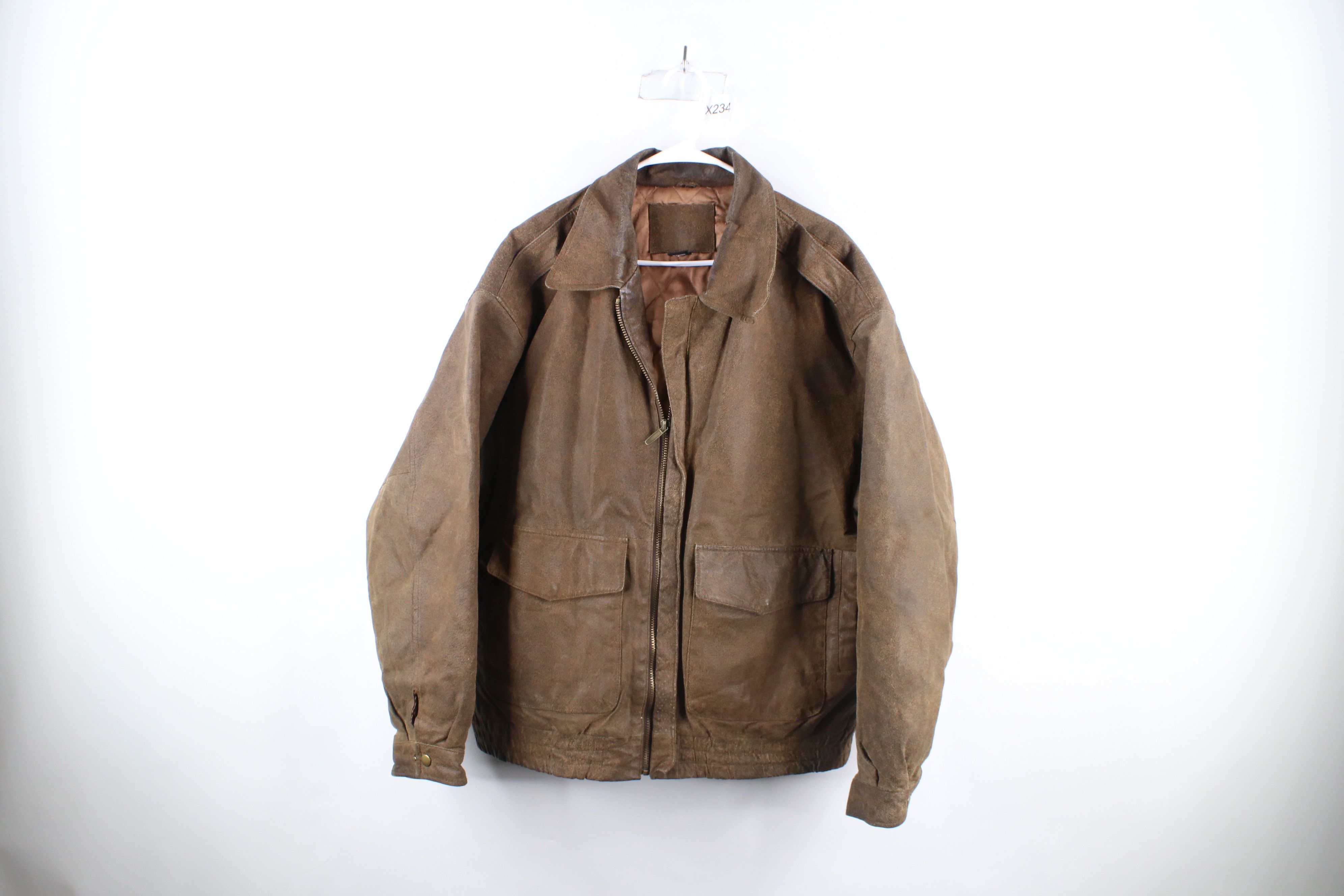 image of Vintage 90's Streetwear Quilted Leather Bomber Jacket Brown, Men's (Size Large)