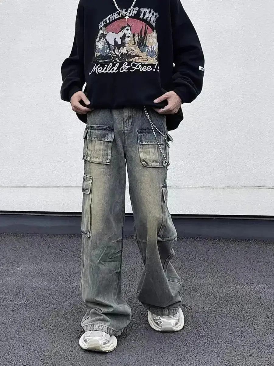 Japanese Brand Retro Distressed Yellow Mud Loose Cargo Jeans Size US 34 / EU 50 - 3 Thumbnail