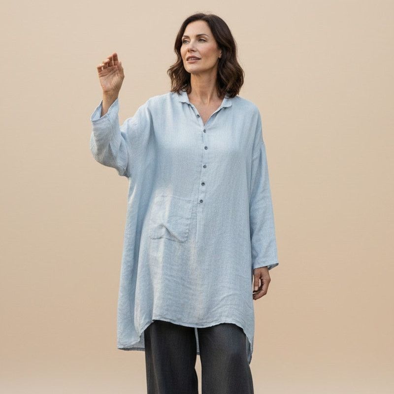 eskandar Eskandar 100% Linen Oversize Tunic Blouse with pocket blue Size ONE SIZE - 1 Thumbnail