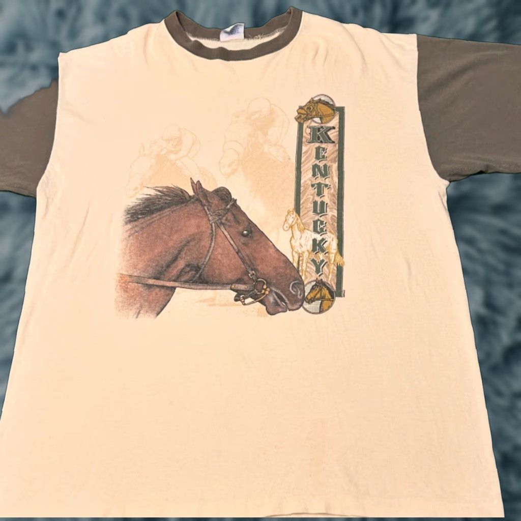 Vintage VINTAGE Kentucky Derby Horses VTG Shirt Mens XL 1990s Horse Racing Beige Short Sleeve T-Shirt Size US XL / EU 56 / 4 - 1 Thumbnail