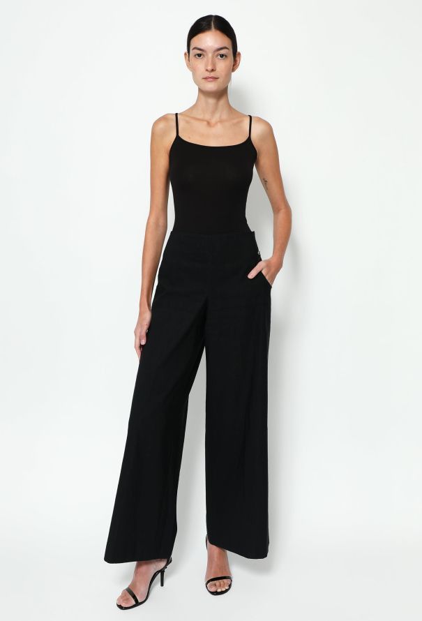 Chanel × Designer Womens 2009 Ribbed Wide Leg Palazzo Pants Trousers Black Size 28" / US 6 / IT 42 - 2 Thumbnail