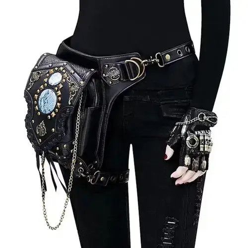 Leather Drop Leg Bag Steampunk Retro Rock Waist Belt Bag Size ONE SIZE - 1 Thumbnail
