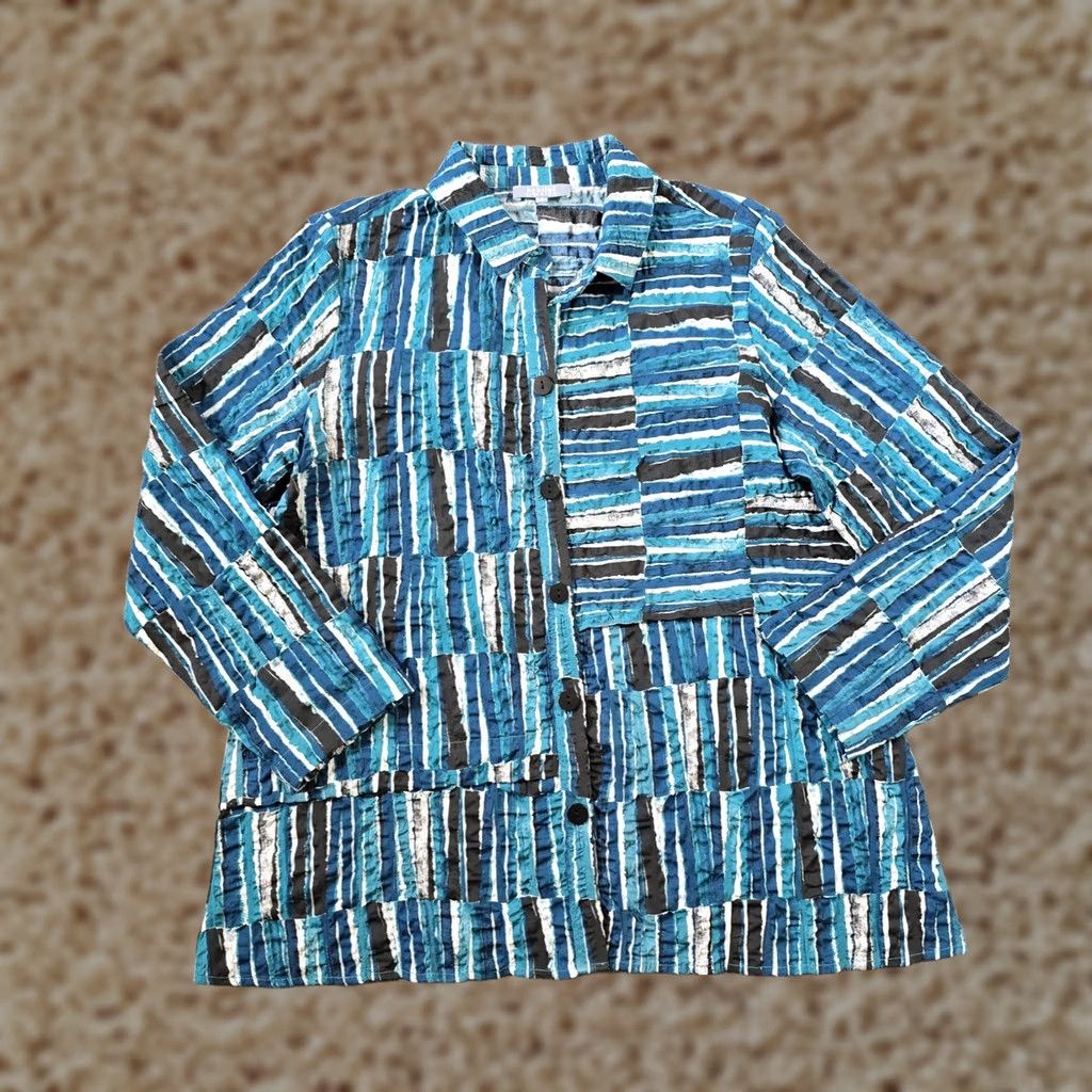 Habitat Habitat Top Womens Small Blue Abstract Patchwork Long Sleeve Button Career Shirt Size S / US 4 / IT 40 - 1 Thumbnail