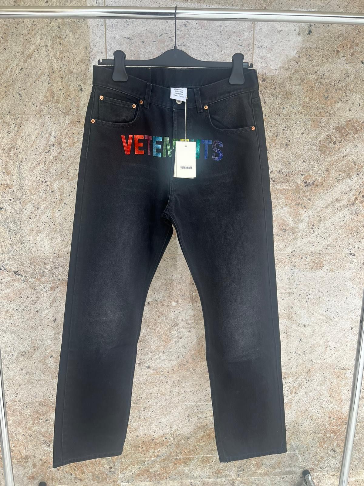 Vetements Multicolor Rainbow Crystal Logo Straight Leg Denim in Black Size US 30 / EU 46 - 18 Thumbnail