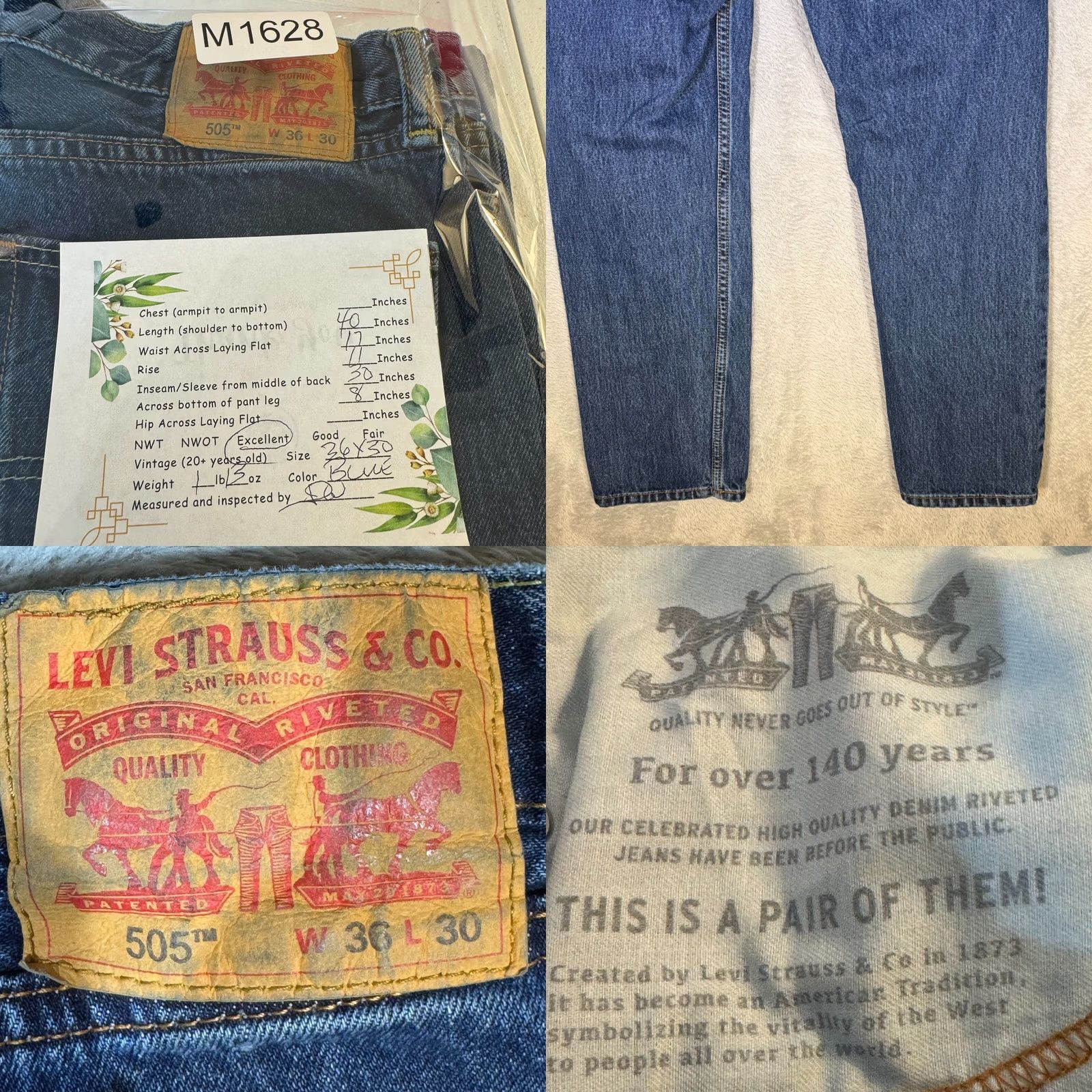 Levi's Levi’s 505 Jeans Straight Leg Blue Denim Stretch Mid-Rise 36 x 30 Men’s Size US 36 / EU 52 - 8 Thumbnail