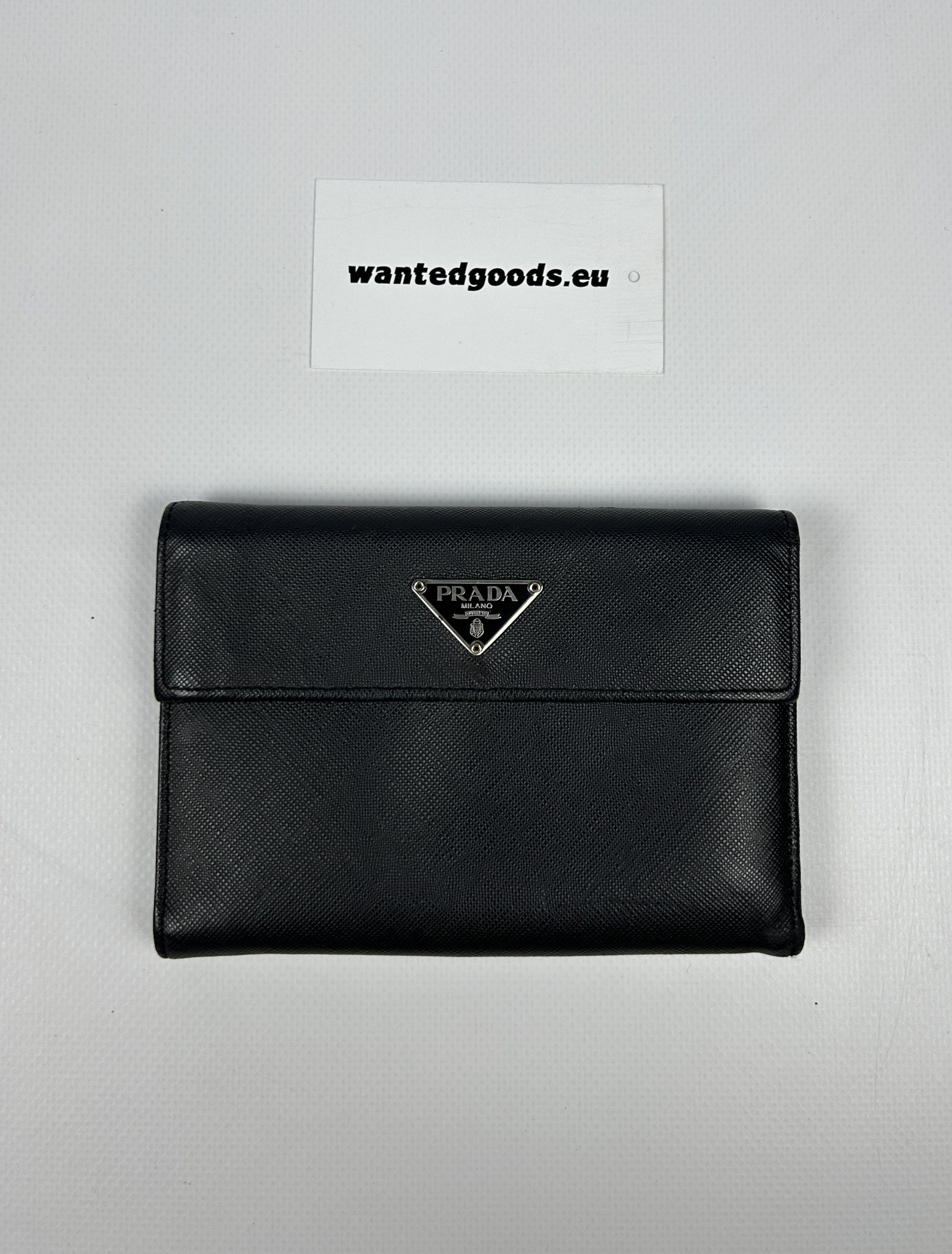 image of Prada Saffiano Leather Triangle Logo Trifold Wallet in Black, Men's