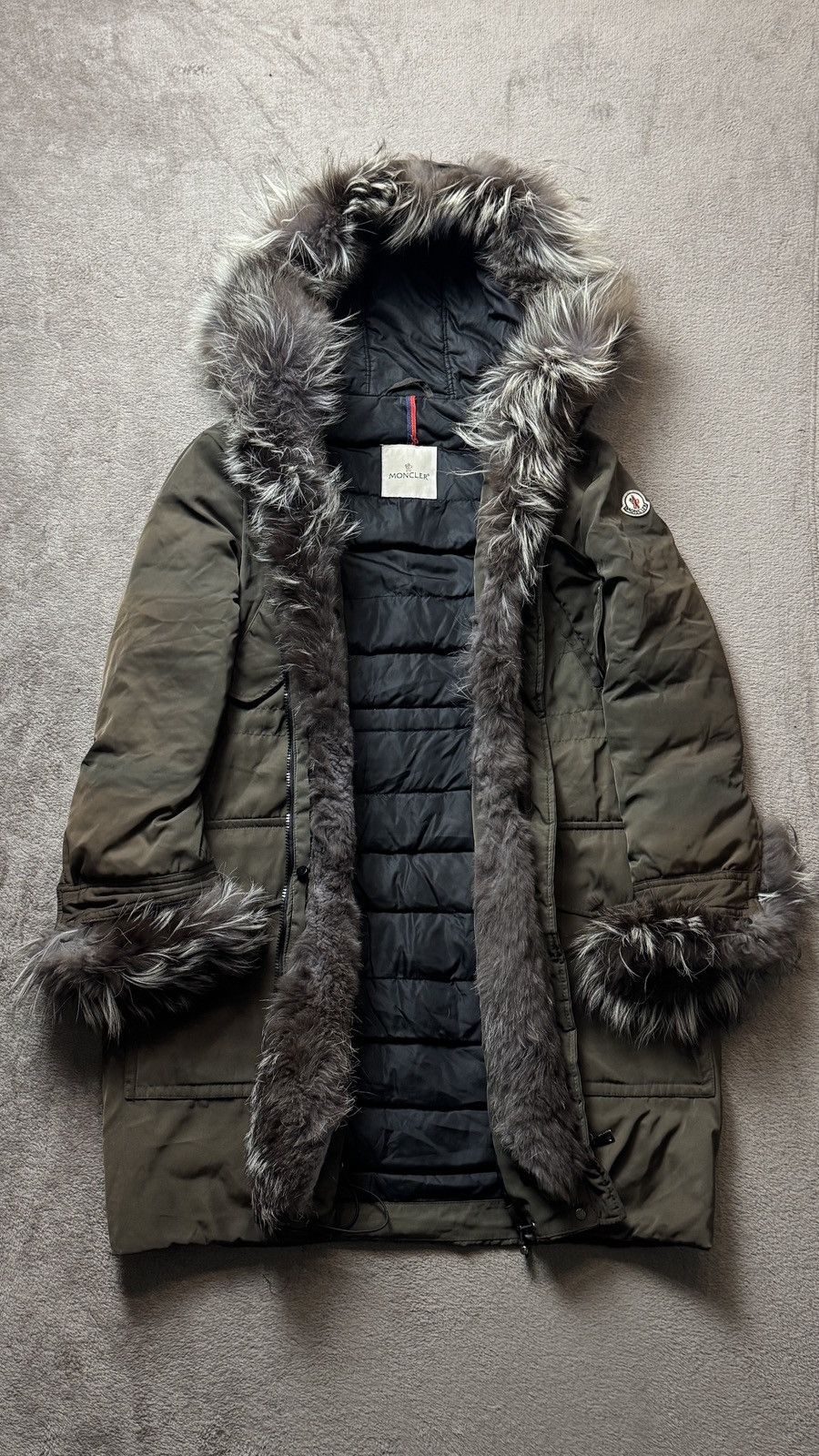 Moncler Khaki Raccoon Fur Collar Down Faded Parka Coat Jacket Size XS / US 0-2 / IT 36-38 - 1 Thumbnail
