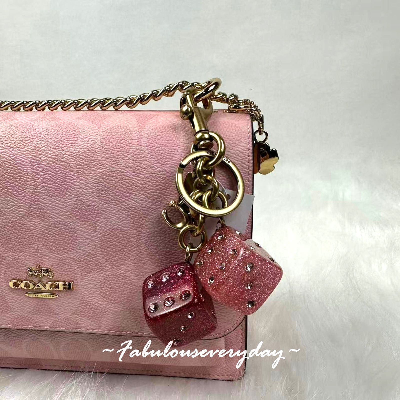 Coach Coach Dice Bag Charm With Keyring Key Chain In Gold/Pink Size ONE SIZE - 1 Thumbnail