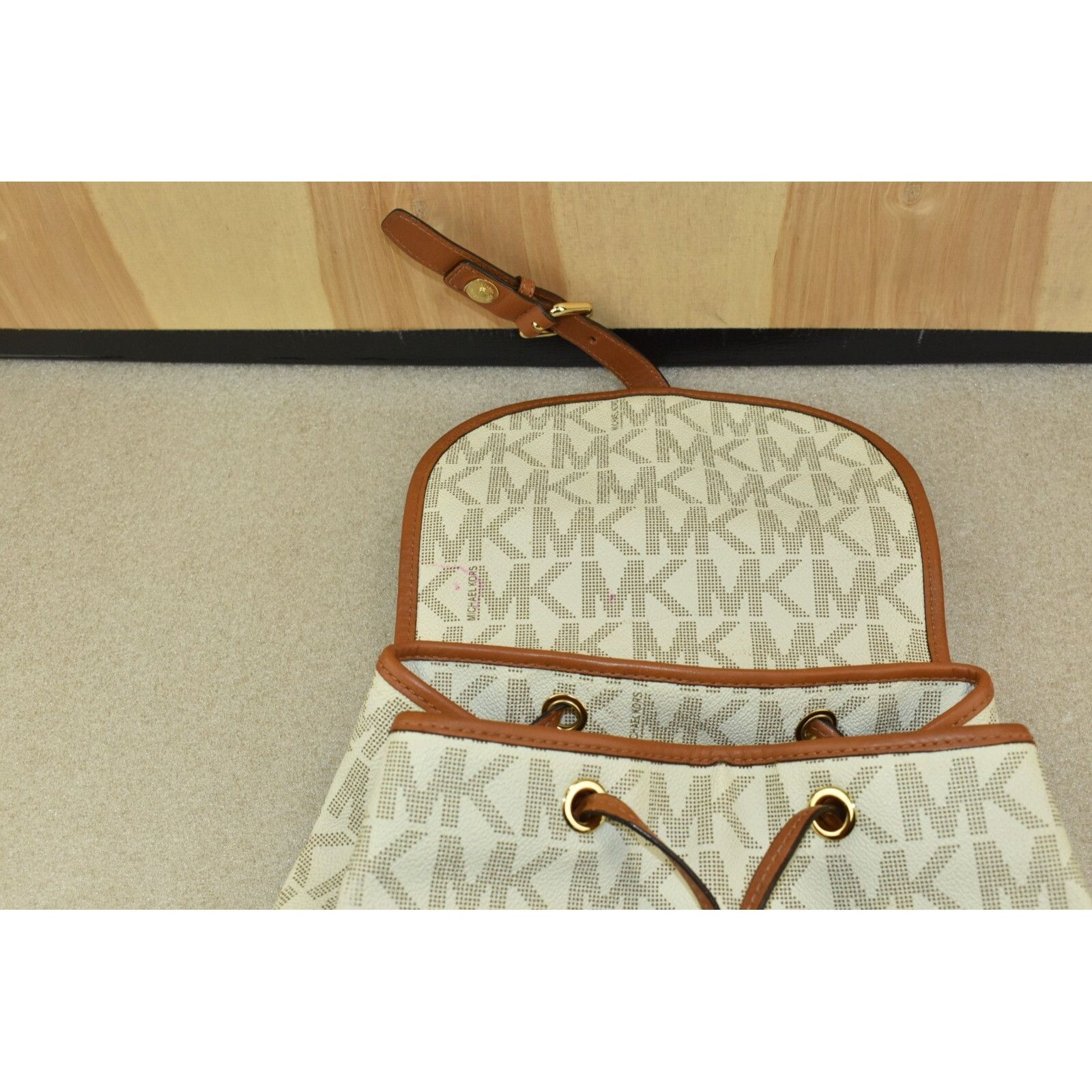 Michael Kors Michael Michael Kors Monogram Drawstrings Backpack Beige/Bro Size ONE SIZE - 13 Thumbnail