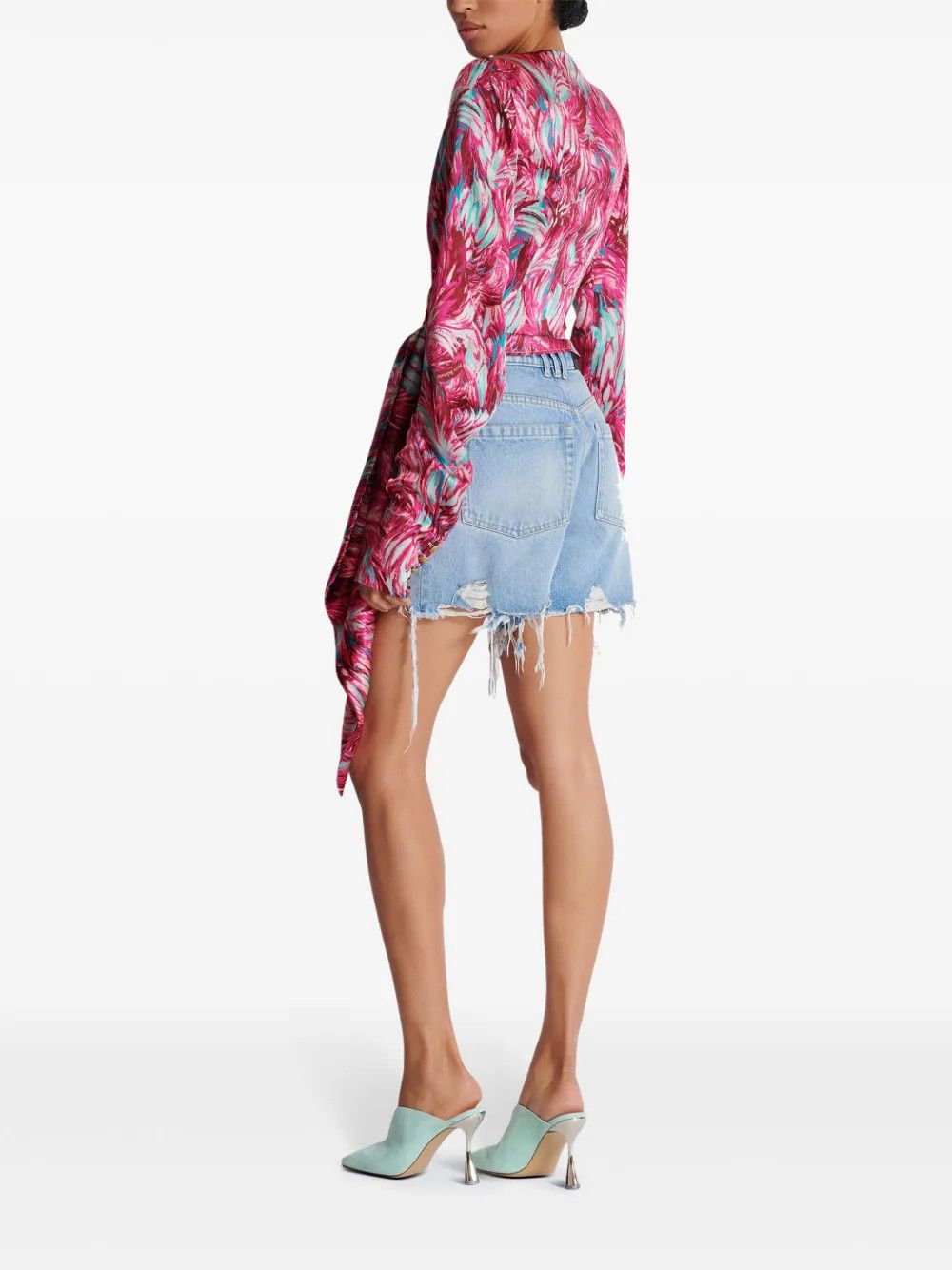 Balmain o1s1wg110825 Feather Print Silk Blouse in Pink/Blue Size L / US 10 / IT 46 - 5 Thumbnail