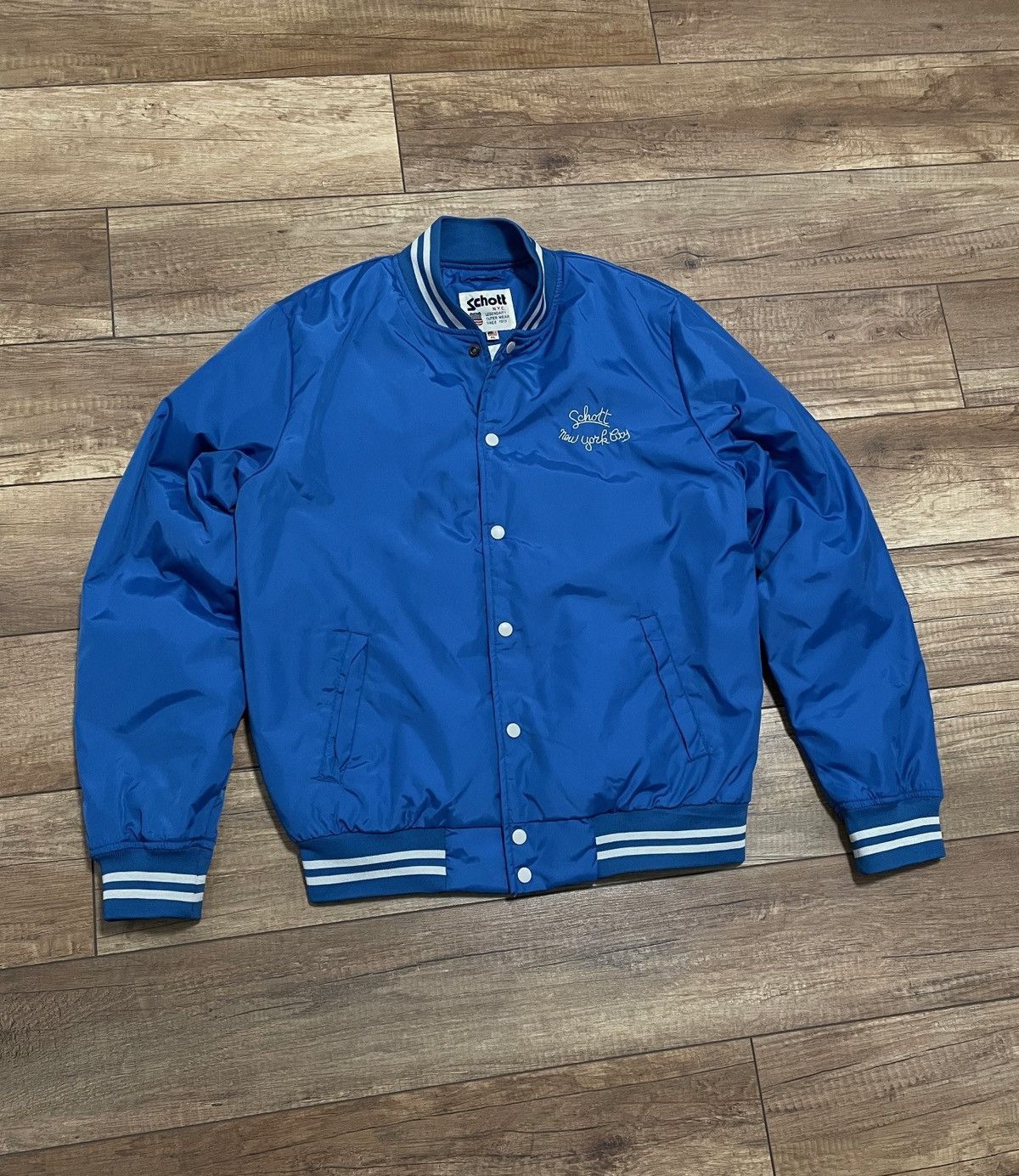 Schott Schott NYC Blue Nylon College Bomber Jacket Big Logo Size US L / EU 52-54 / 3 - 2 Thumbnail