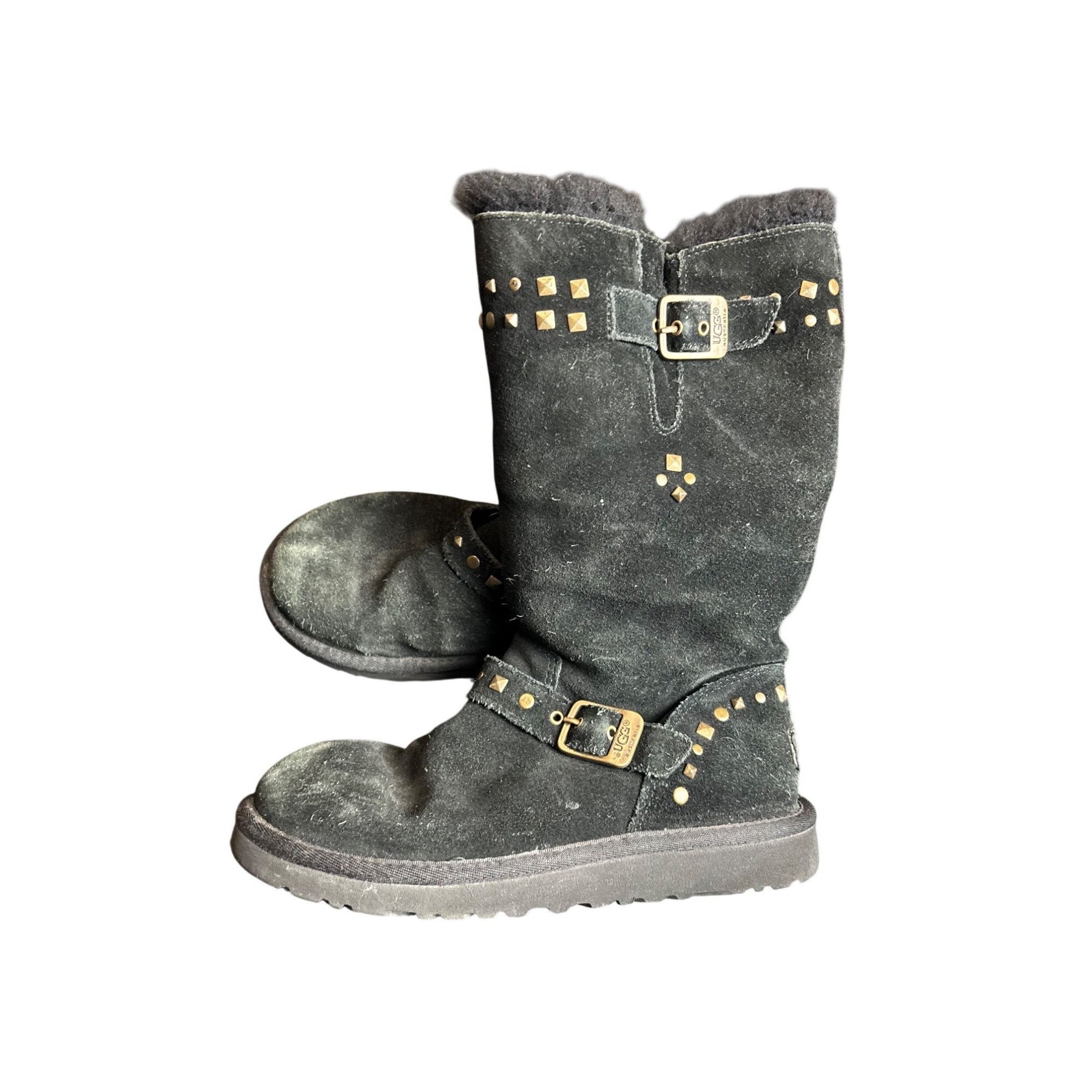 Ugg Ugg Black Suede Mid-Calf Boots With Shearling Lining & Gold Size US 4 / IT 34 - 2 Thumbnail