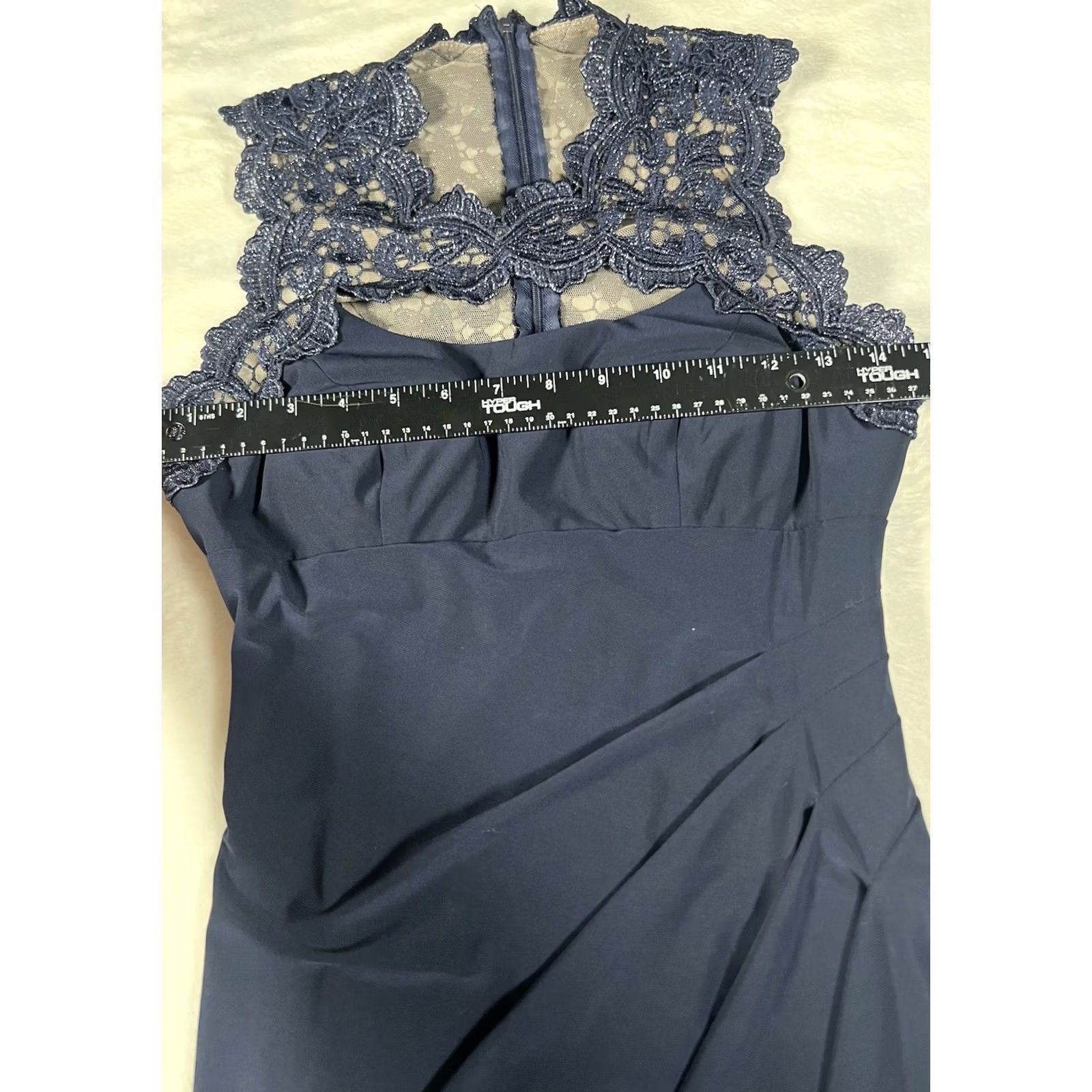 Vintage Cache' Navy Blue Net & Lace Key Hole Midi Dress - Sleeveless Ruched Waist Formal 2 NWT 14575 Size XS / US 0-2 / IT 36-38 - 7 Thumbnail