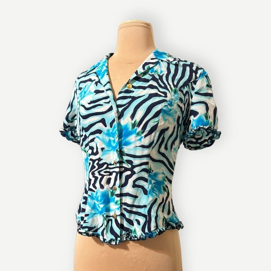 Escada Escada Silk Blouse IT 34 US 4 Blue Abstract Print Gold Butto Size S / US 4 / IT 40 - 2 Thumbnail
