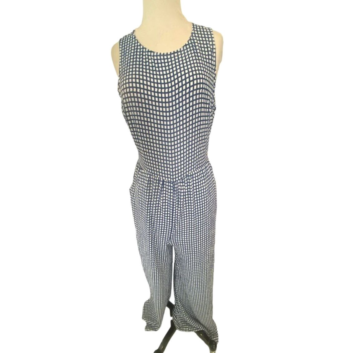 Vintage LUSH Check Jumpsuit One-Piece Crepe Sleeveless Medium White Blue Wide Leg Womens M Size 32" / US 10 / IT 46 - 4 Thumbnail