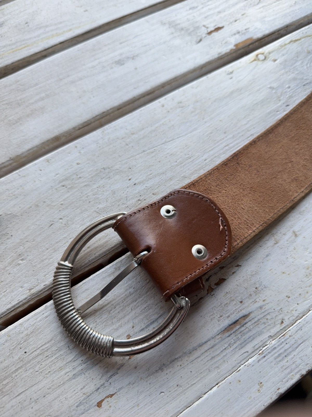Japanese Brand Western Brown Leather Belt Green Gem Silver Details Size ONE SIZE - 6 Thumbnail