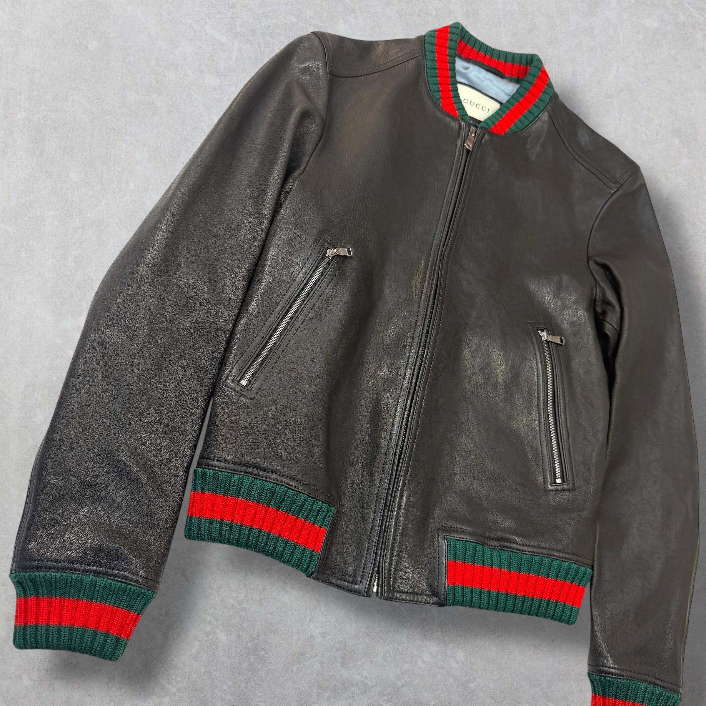 Gucci Gucci Web Trim Leather Bomber 46 (M) Size US M / EU 48-50 / 2 - 3 Thumbnail