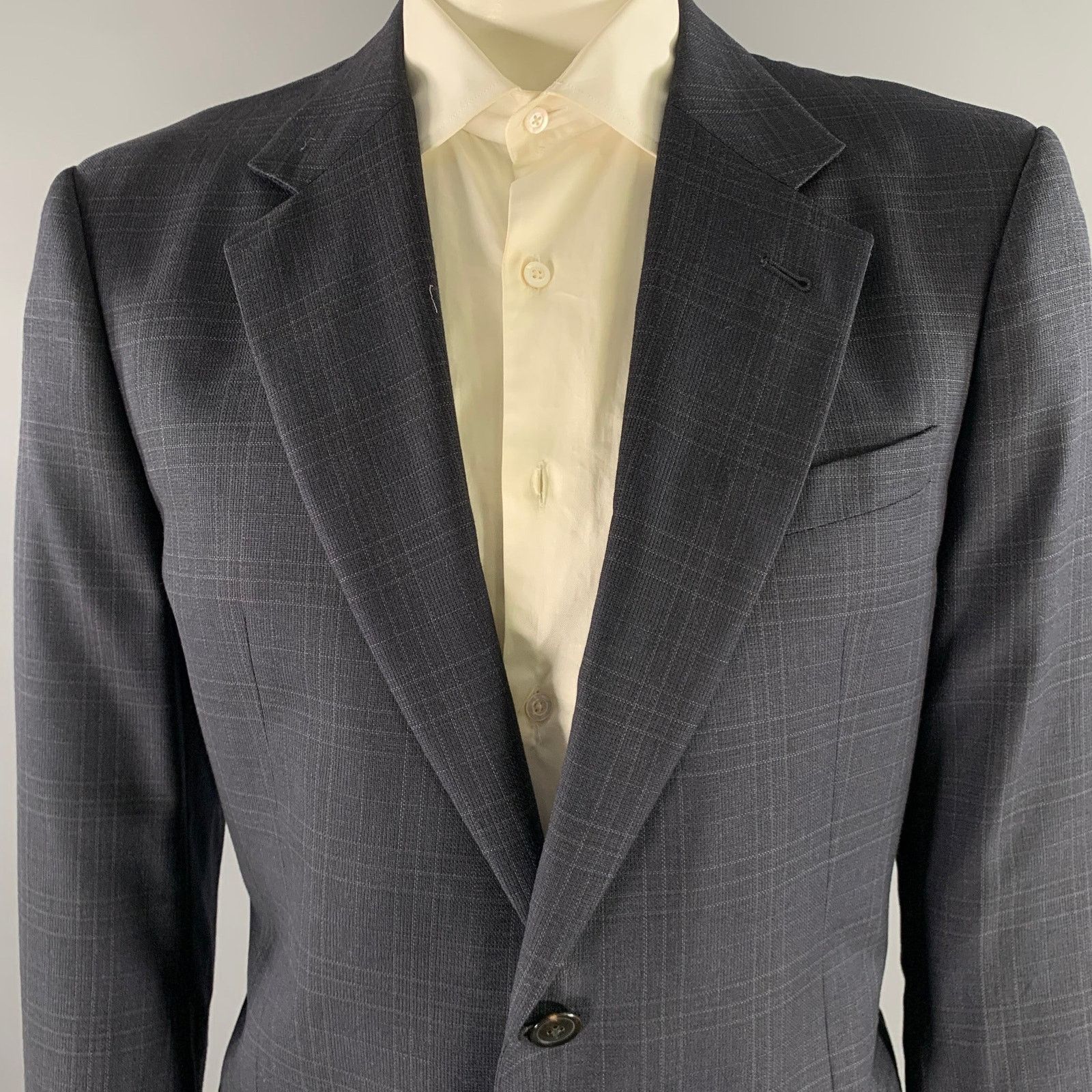 Armani Collezioni ARMANI COLLEZIONI 44 Navy Plaid Wool Notch Lapel Sport Coat Size 44R - 2 Thumbnail