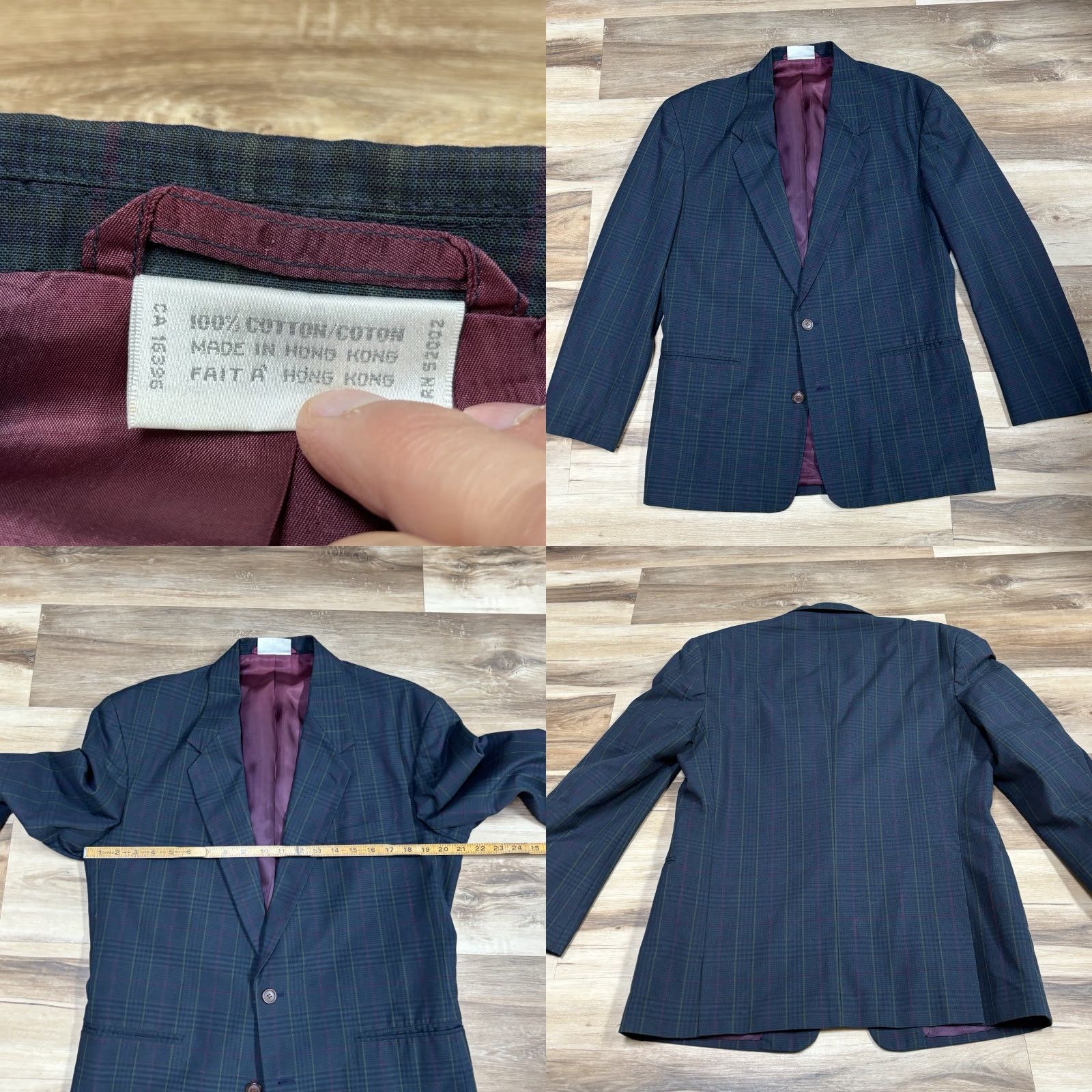 Liz Claiborne VINTAGE Claiborne Navy Plaid Cotton Blazer 40R Mens Regular Single-Breasted 2-Button Notch Lapel Summer Dress Casual Business Travel Size 40R - 8 Thumbnail