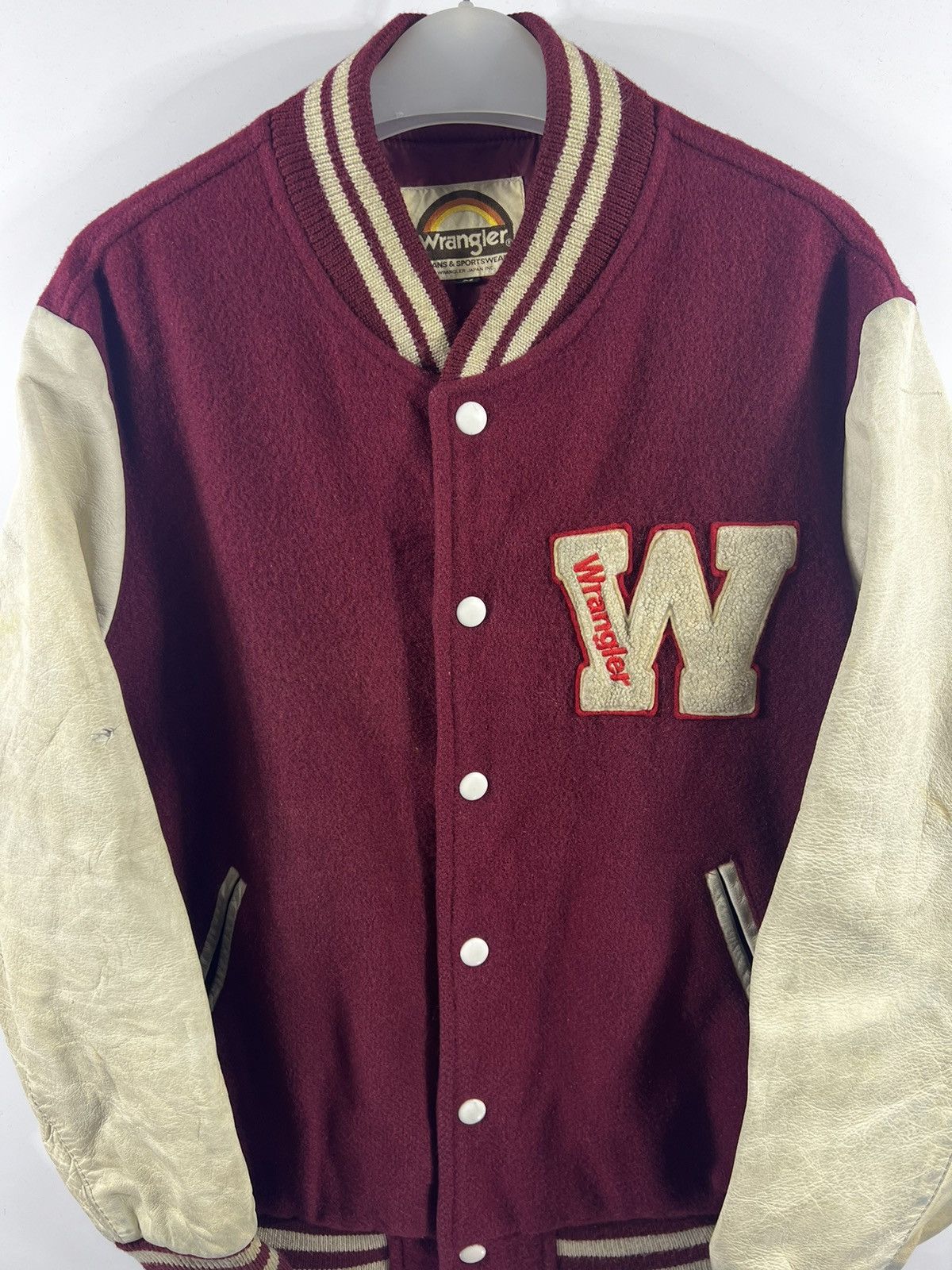 Vintage 🔥 Vtg 90's japan Wrangler Leather Sleeves Varsity Jacket Size US S / EU 44-46 / 1 - 4 Thumbnail
