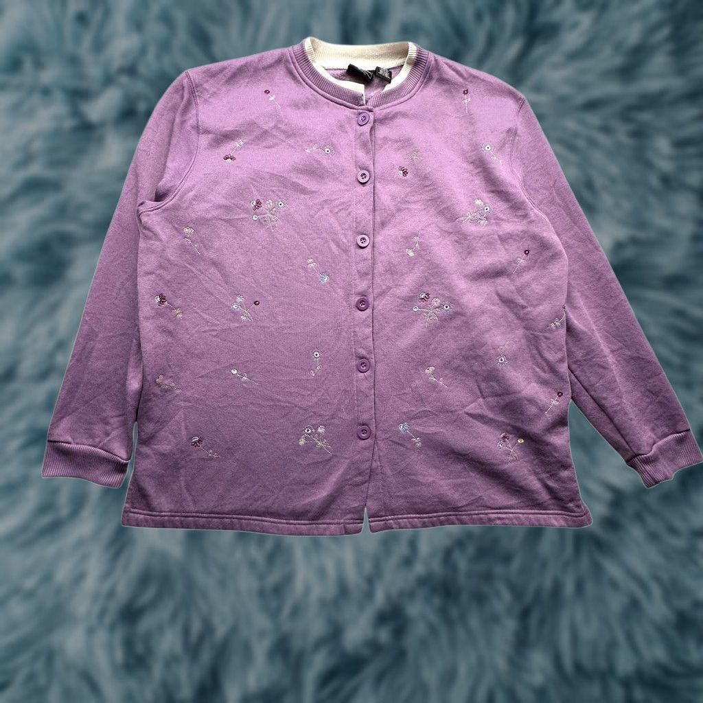 Vintage VINTAGE Bobbie Brooks Cardigan Sweatshirt Sweater Women XL Purple Floral Embroidered Button Crew Neck Long Sleeve Size XL / US 12-14 / IT 48-50 - 1 Thumbnail