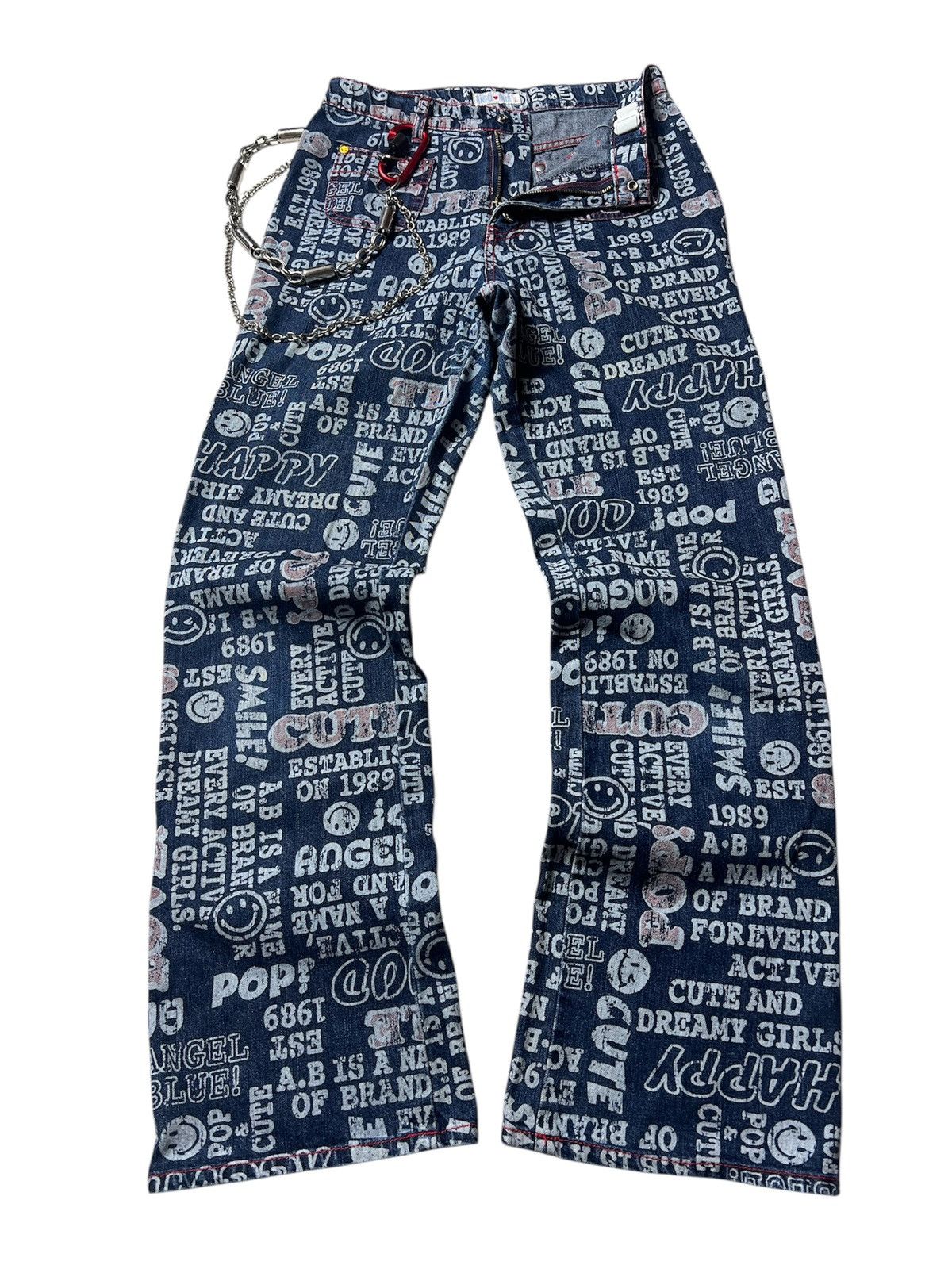 Japanese Brand Angel Blue Pop Love Printed Button Flared Pants Size US 28 / EU 44 - 3 Thumbnail