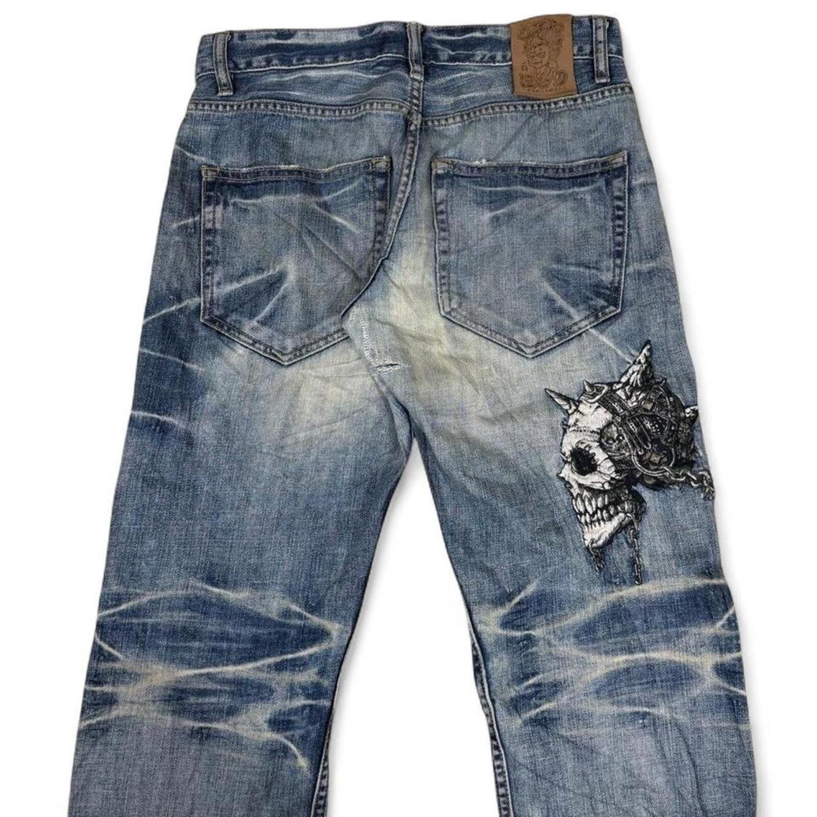 Other RARE Y2K VINTAGE EMBROIDERED JIZO CHAIN SKULL DENIM JEANS Size US 30 / EU 46 - 4 Thumbnail