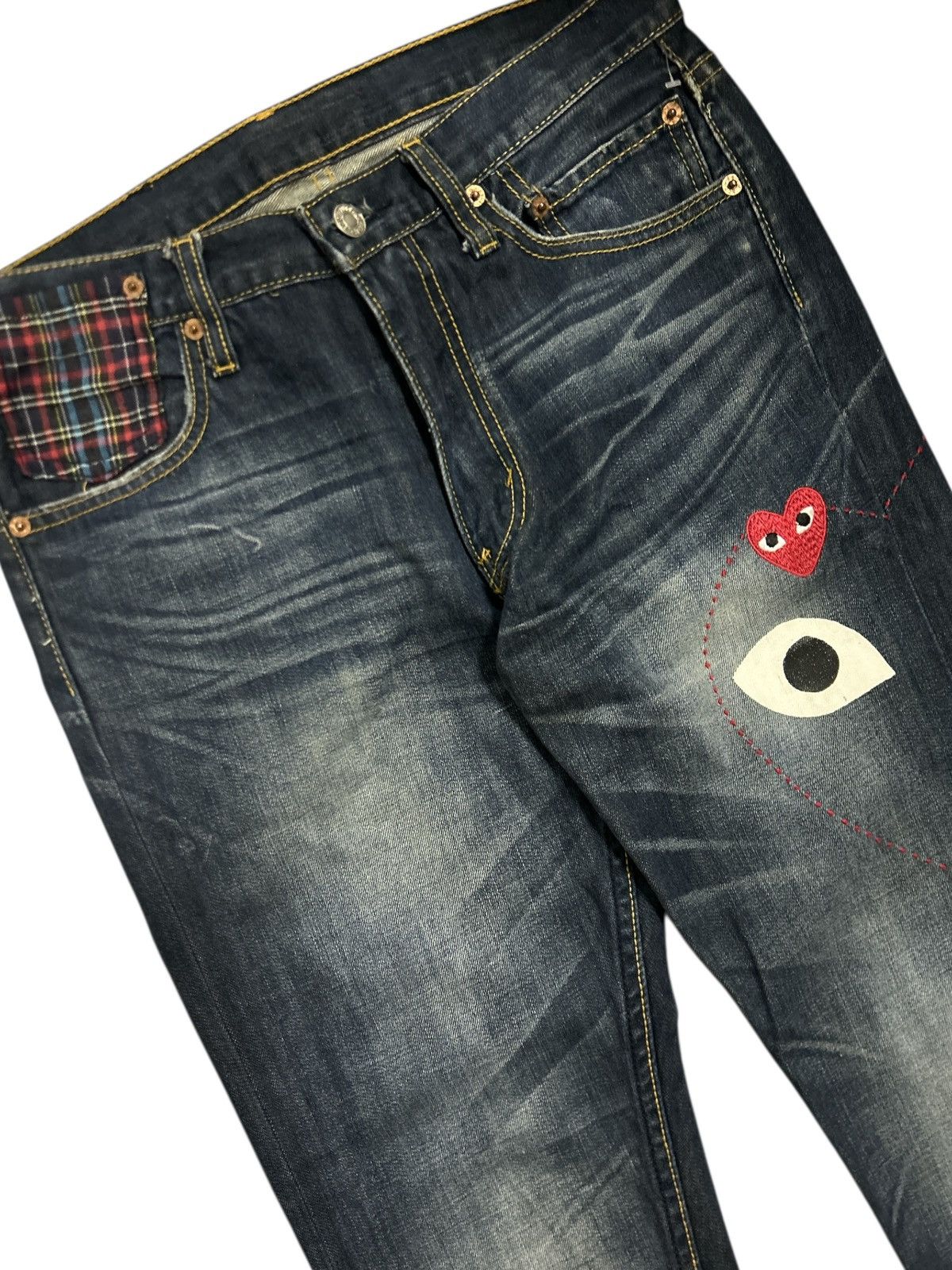 Junya Watanabe Levi’s x CDG Play Heart Logo Plaid Patchwork Denim Jeans Size US 30 / EU 46 - 2 Thumbnail