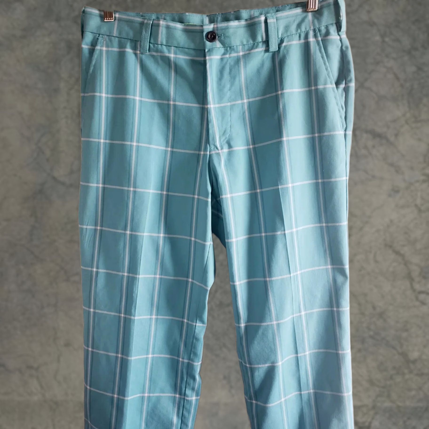 Izod Izod Golf Pants Men 32x30 Teal Blue-White Check Stretch Microfiber Slimming Pockets Zip Flat Front Regular Inseam 30" Machine Washable Size US 32 / EU 48 - 1 Thumbnail