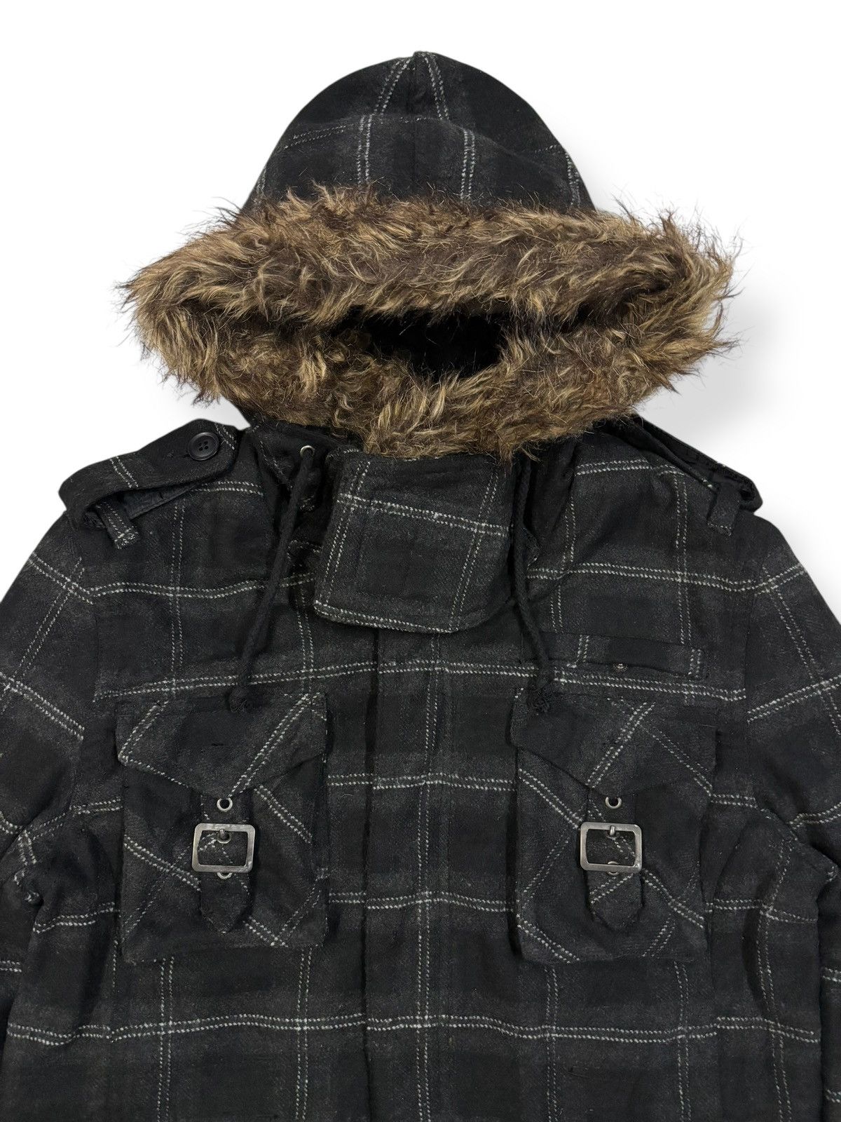 If Six Was Nine In The Attic Plaid Multi-pockets Faux Fur Hooded Punk Jacket Size US S / EU 44-46 / 1 - 5 Thumbnail