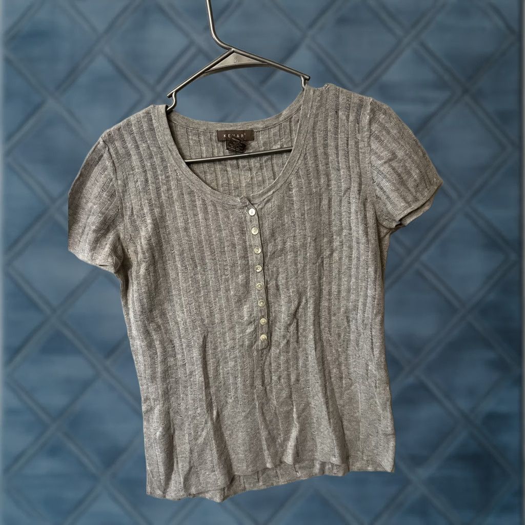 Vintage Kenar Henley Sweater Gray Women’s Ribbed 100% Cotton Short Sleeve Size 36" / US 14 / IT 50 - 1 Thumbnail