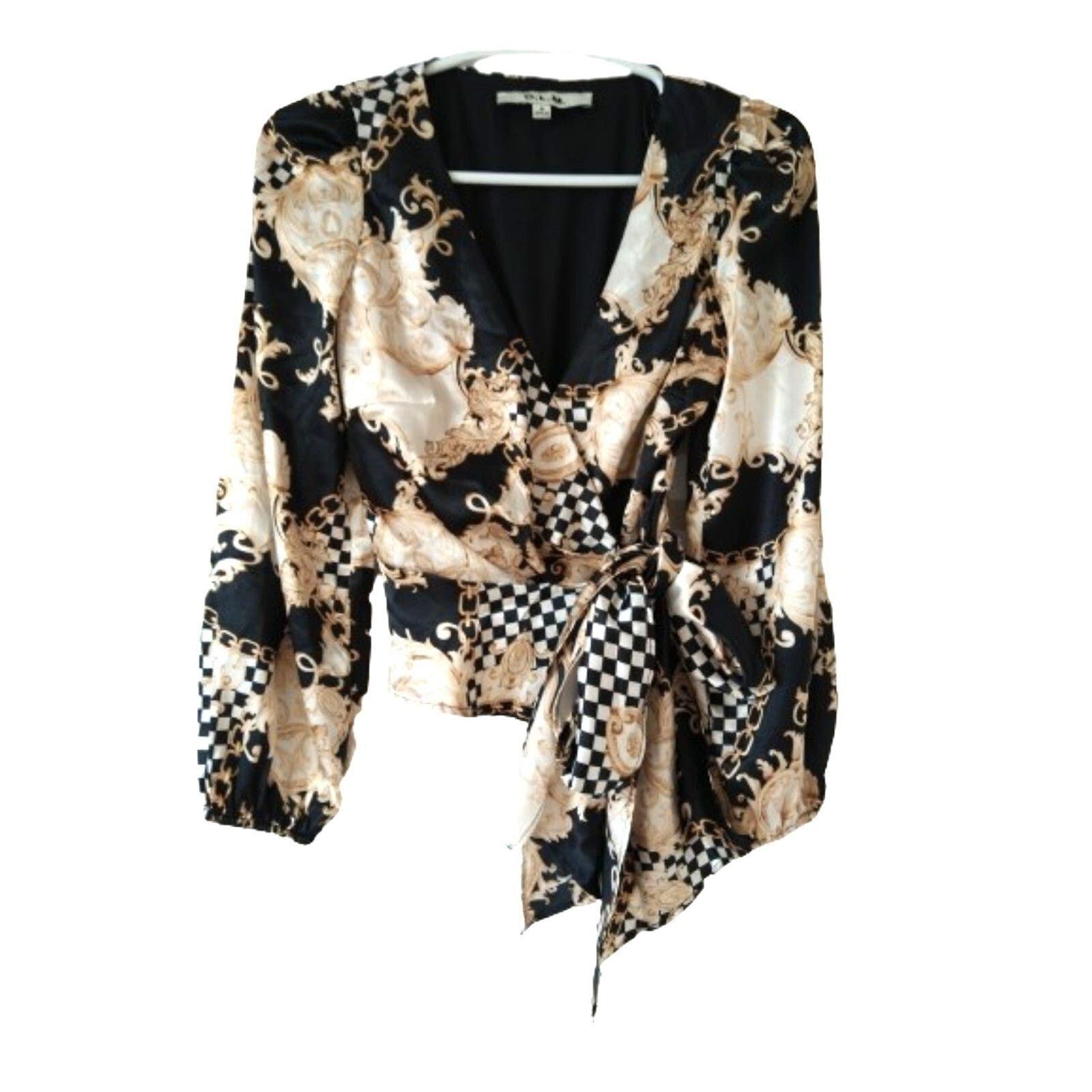 The Unbranded Brand O.L.M. black white gold chess long sleeve Blouse top S Size S / US 4 / IT 40 - 1 Thumbnail