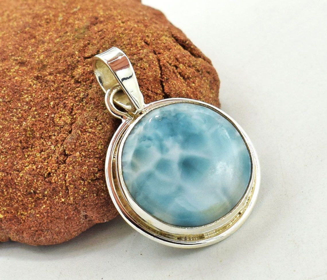 Handmade Smooth Larimar Gemstone Pendant, Round Larimar Pendant, Size ONE SIZE - 3 Thumbnail