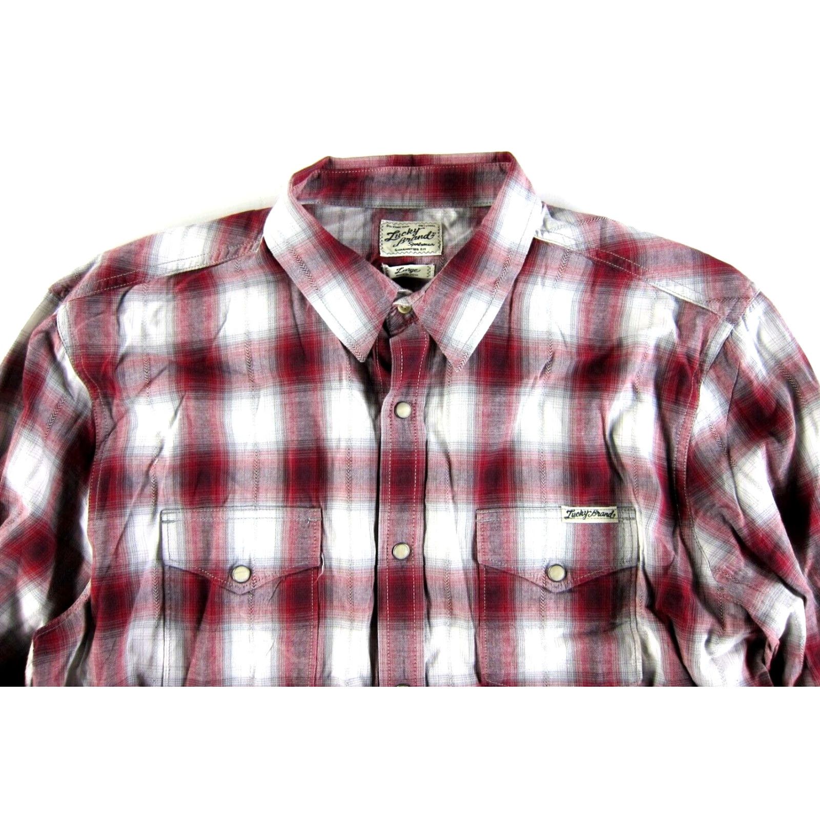 Lucky Brand Lucky Brand 100% Cotton Red White Grey Plaid Long Sleeve Snap Western Shirt L Shirt Size US L / EU 52-54 / 3 - 4 Thumbnail