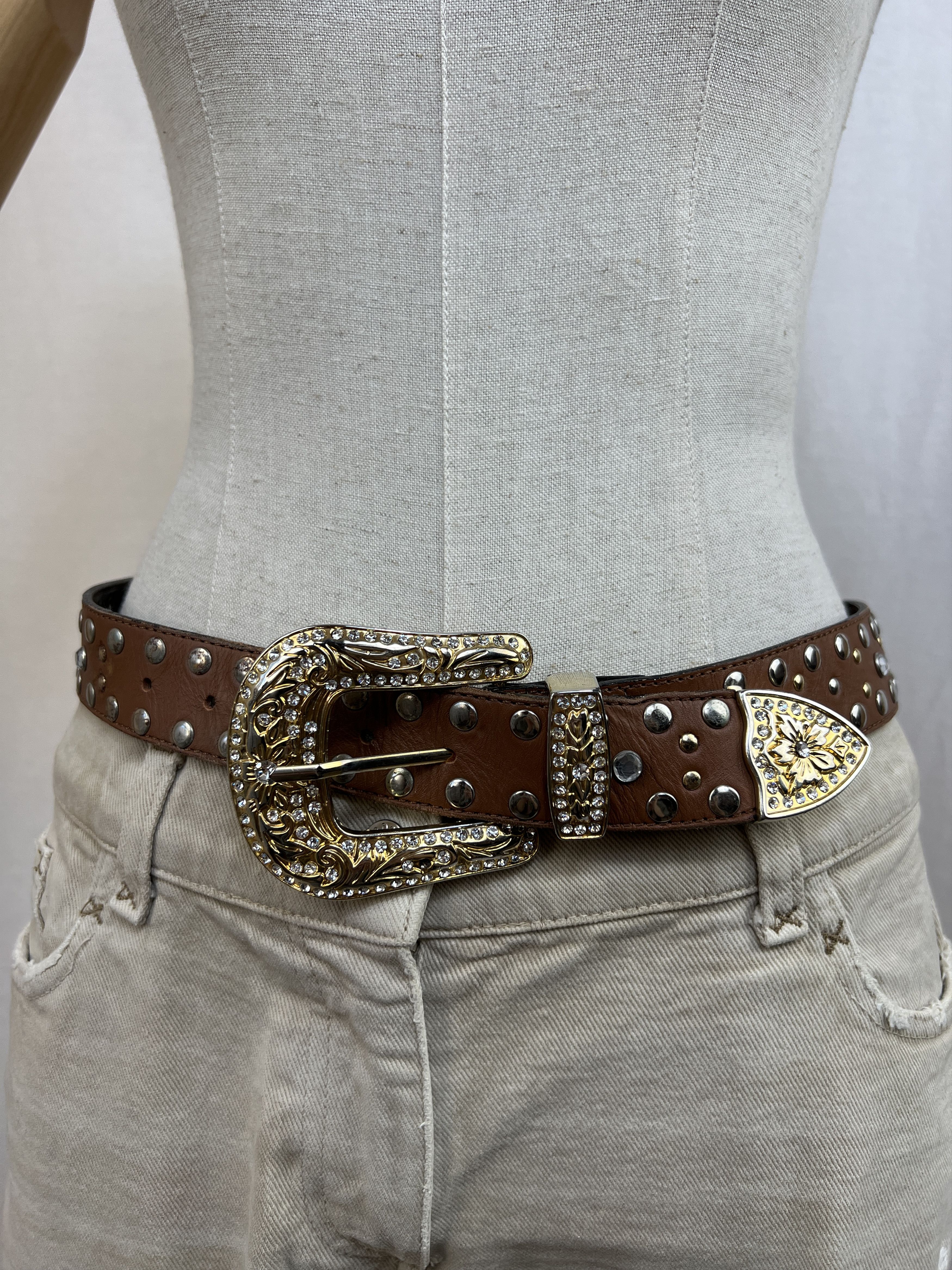 Vintage Y2K Heavy Studded Rhinestones Leather Belt Like BB Simons Size ONE SIZE - 3 Thumbnail