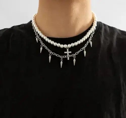 Jewelry Unisex punk pearl beaded necklace layered cross chain Size ONE SIZE - 7 Thumbnail