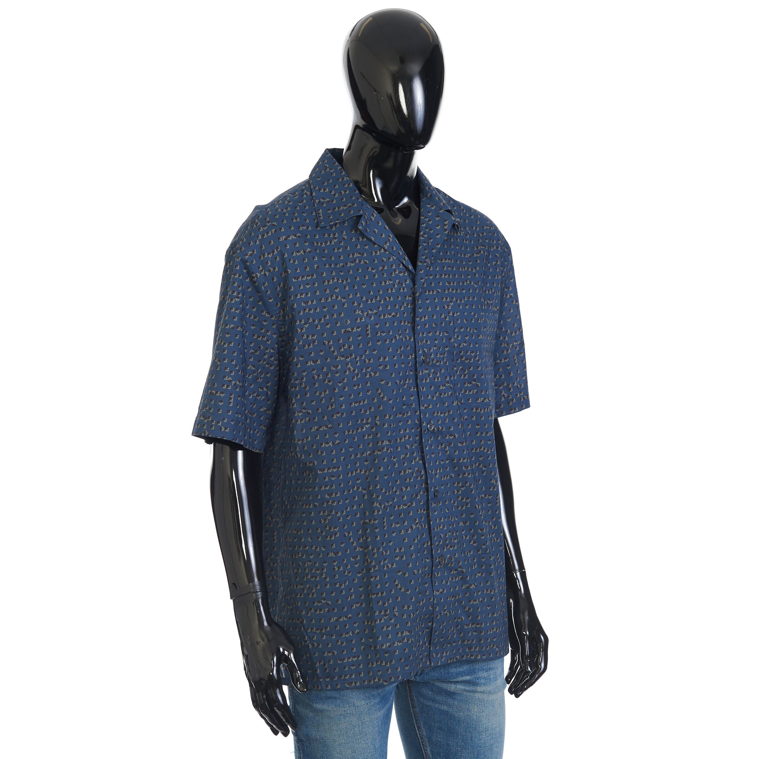 Brioni Shortsleeve Shirt In Blue With Geometric Print Size US XL / EU 56 / 4 - 8 Thumbnail