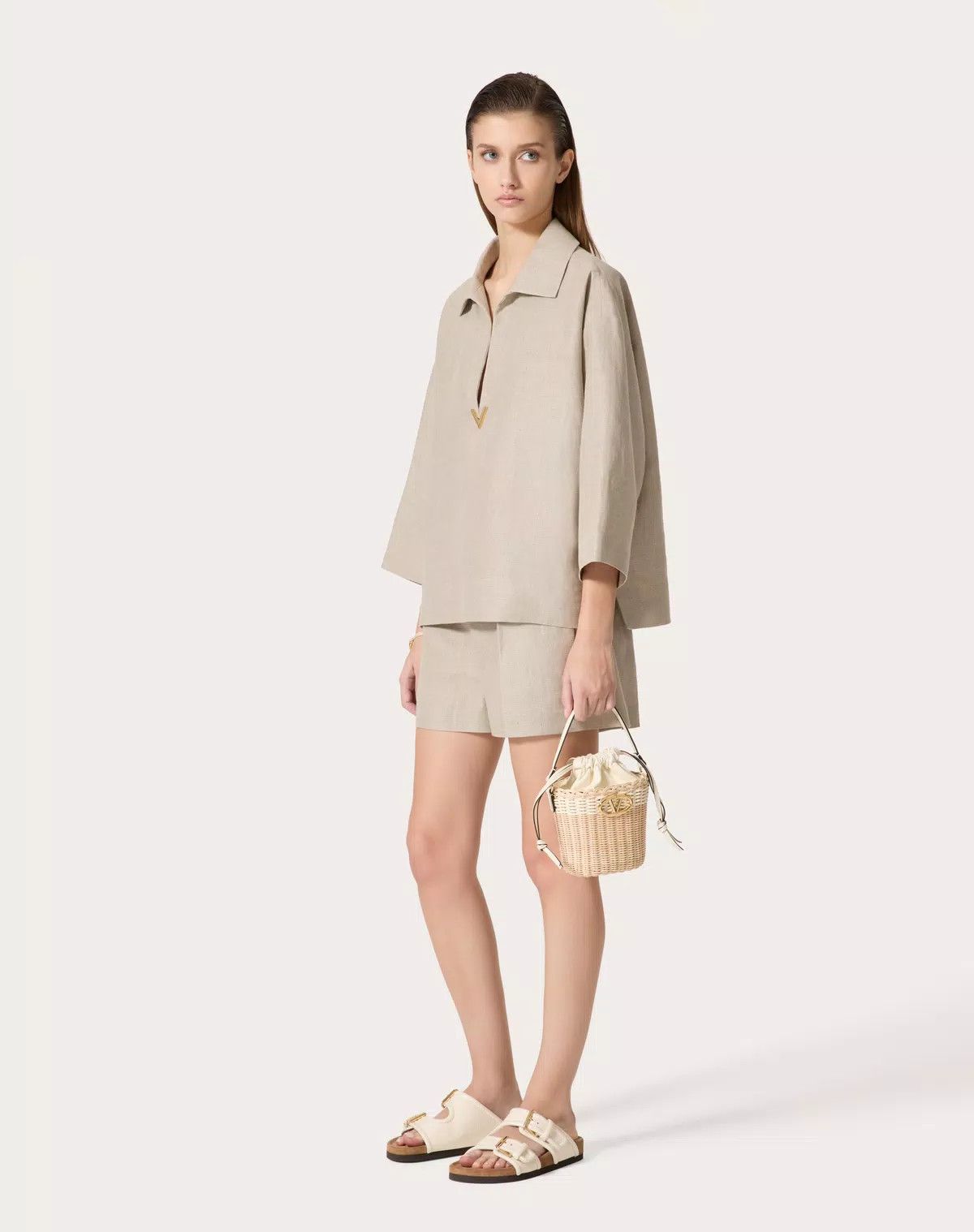Valentino o1s1wg110625 Linen Canvas Top in Beige Size M / US 6-8 / IT 42-44 - 3 Thumbnail