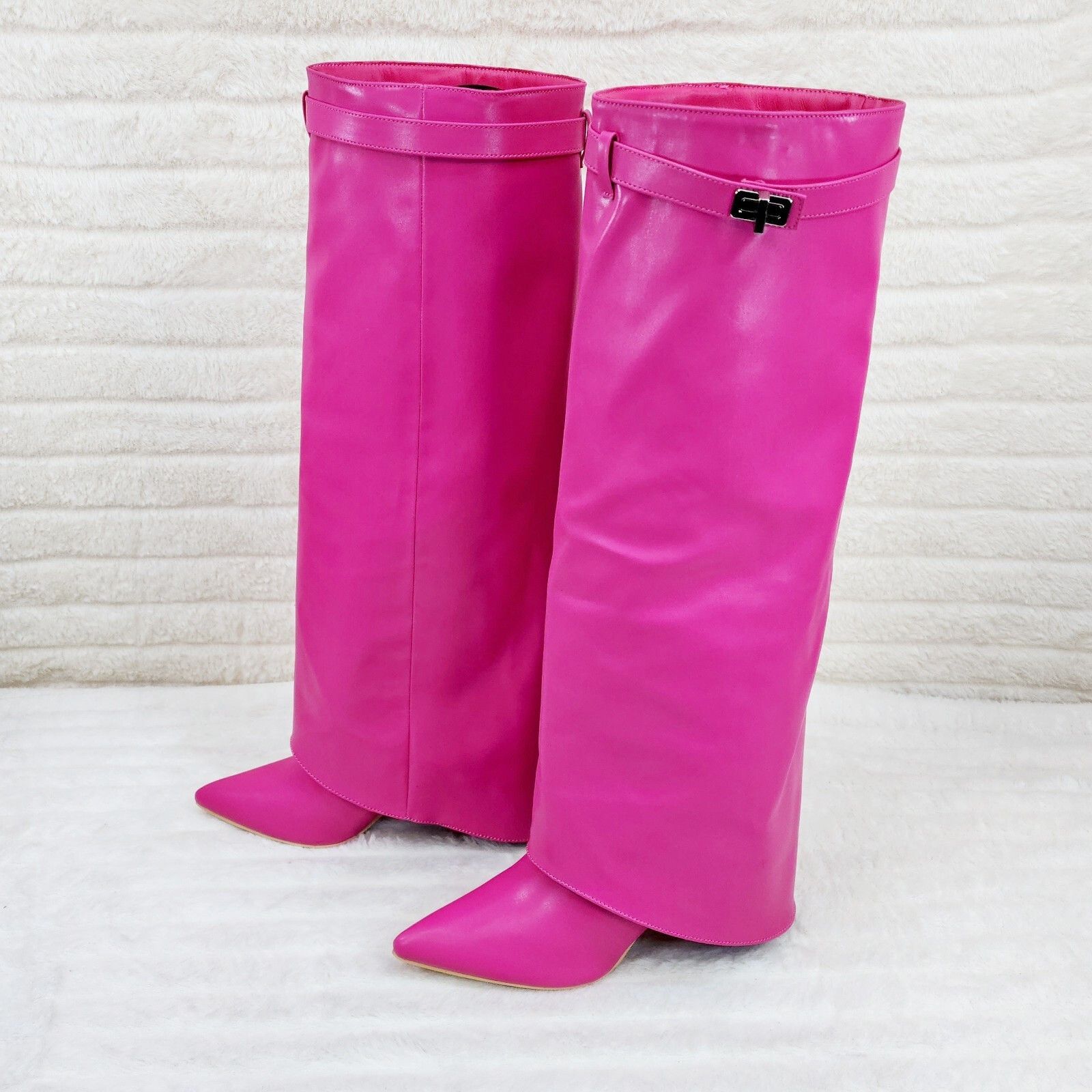 Other Paris Fuchsia Pink Skirted Fold Over 3.5" Block Heel Knee Hi Size US 6.5 / IT 36.5 - 3 Thumbnail