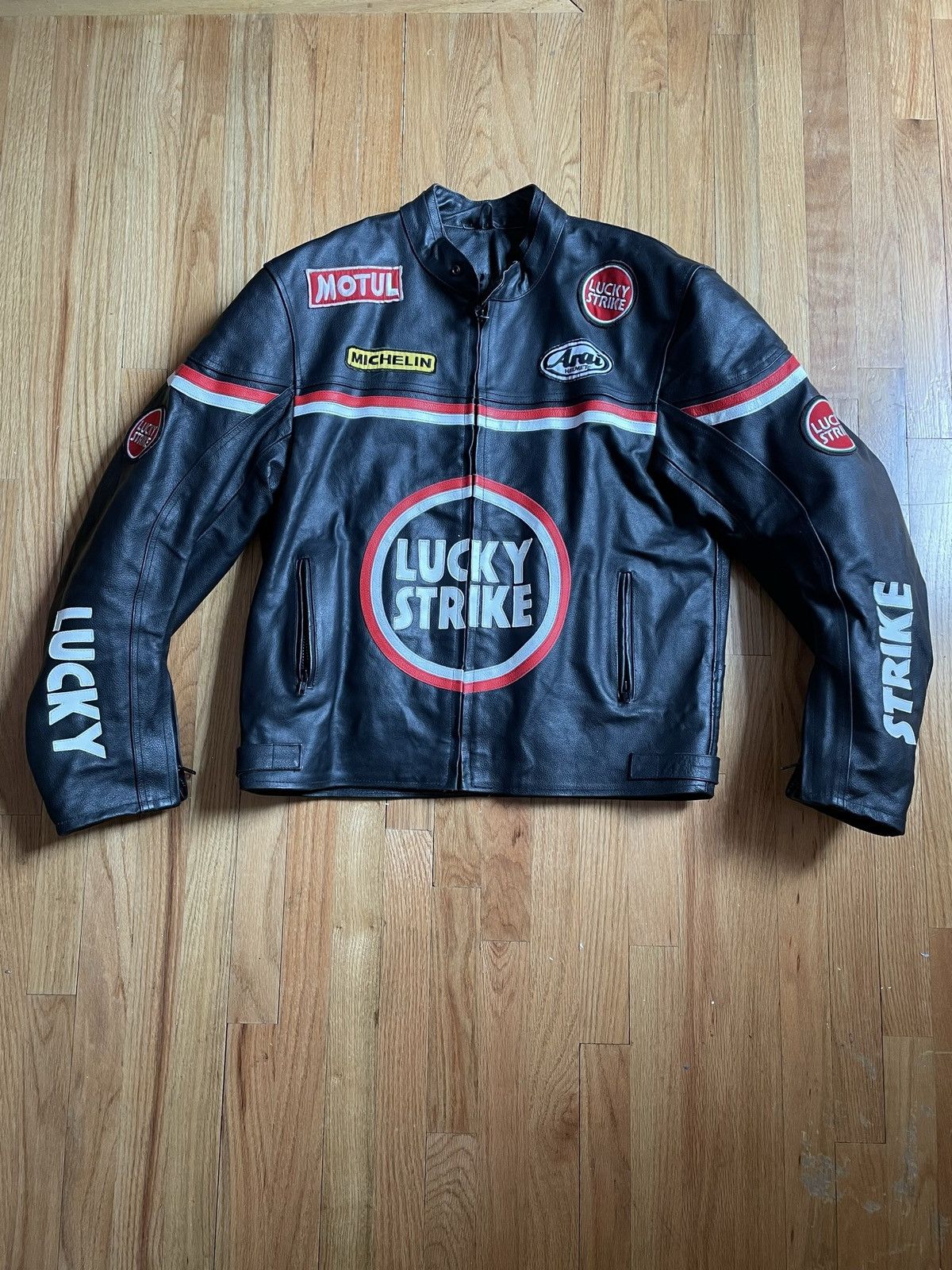 image of Leather Jacket x Racing VTG Lucky Strike Leather Moto Grandprix Race Jacket in Black (Size XL)